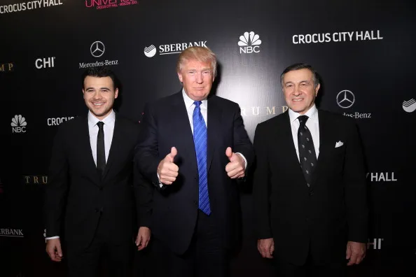 Emin Agalarov, Donald Trump and Aras Agalarov at the Miss Universe pageant in Moscow in 2013.
