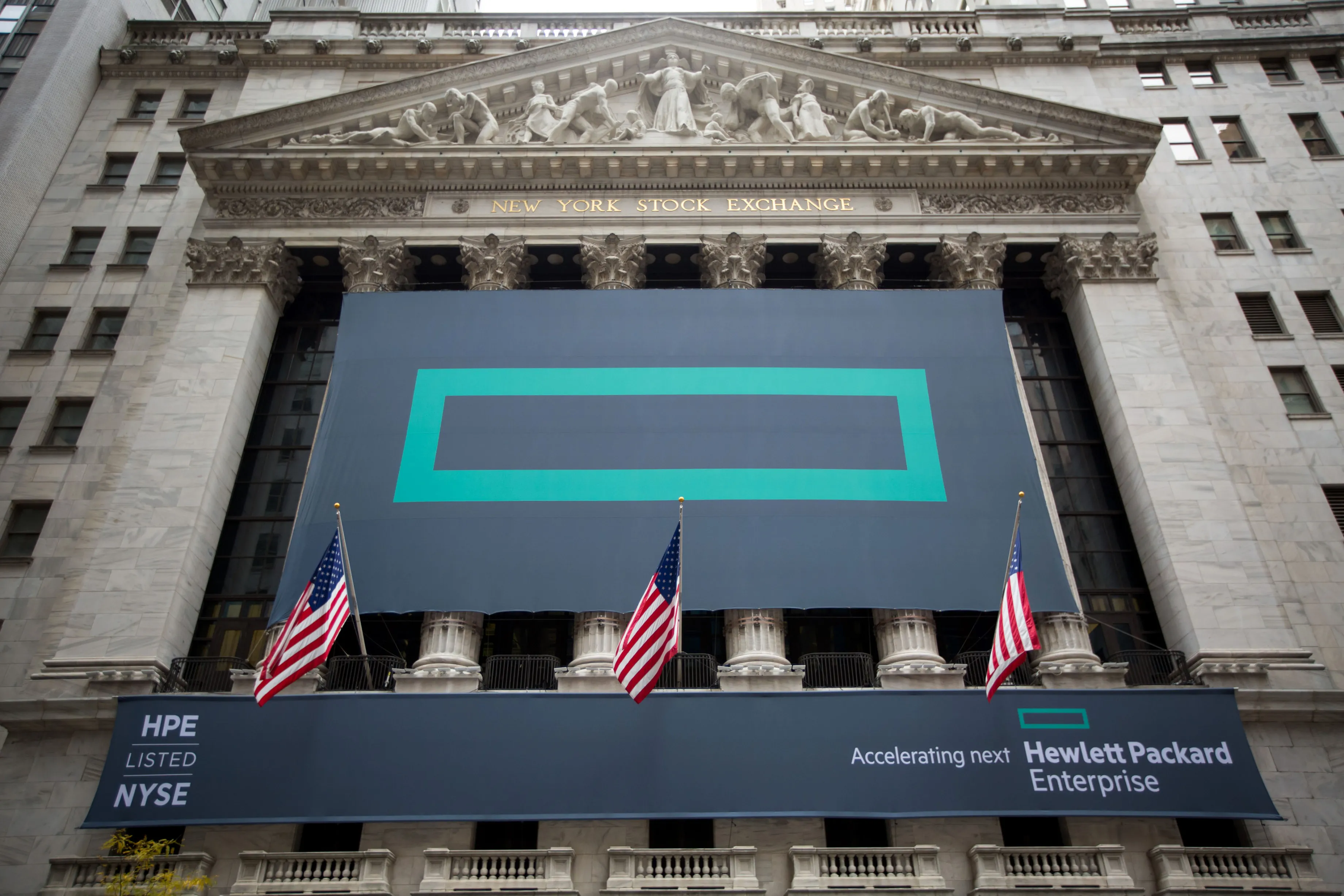Hewlett Packard Enterprise Co. signage is displayed outside of the New York Stock Exchange in New York.