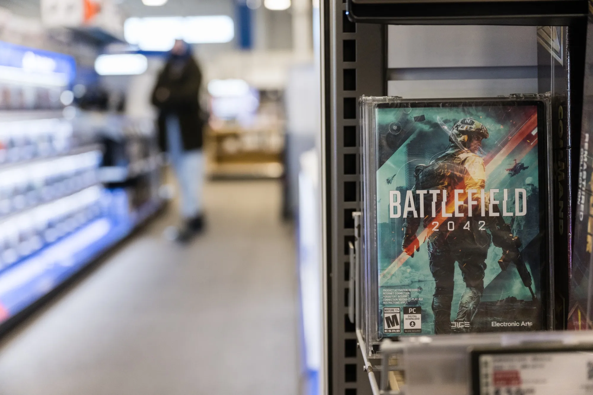 An Electronic Arts Battlefield 2042 video game for sale at a store in Louisville, Kentucky.