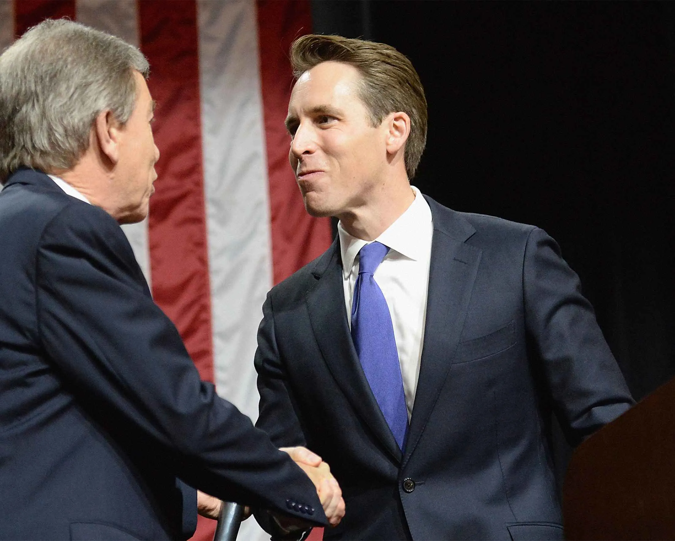 Senator Roy Blunt greets newly elected Missouri Attorney General Josh Hawley on Nov. 9, 2016.