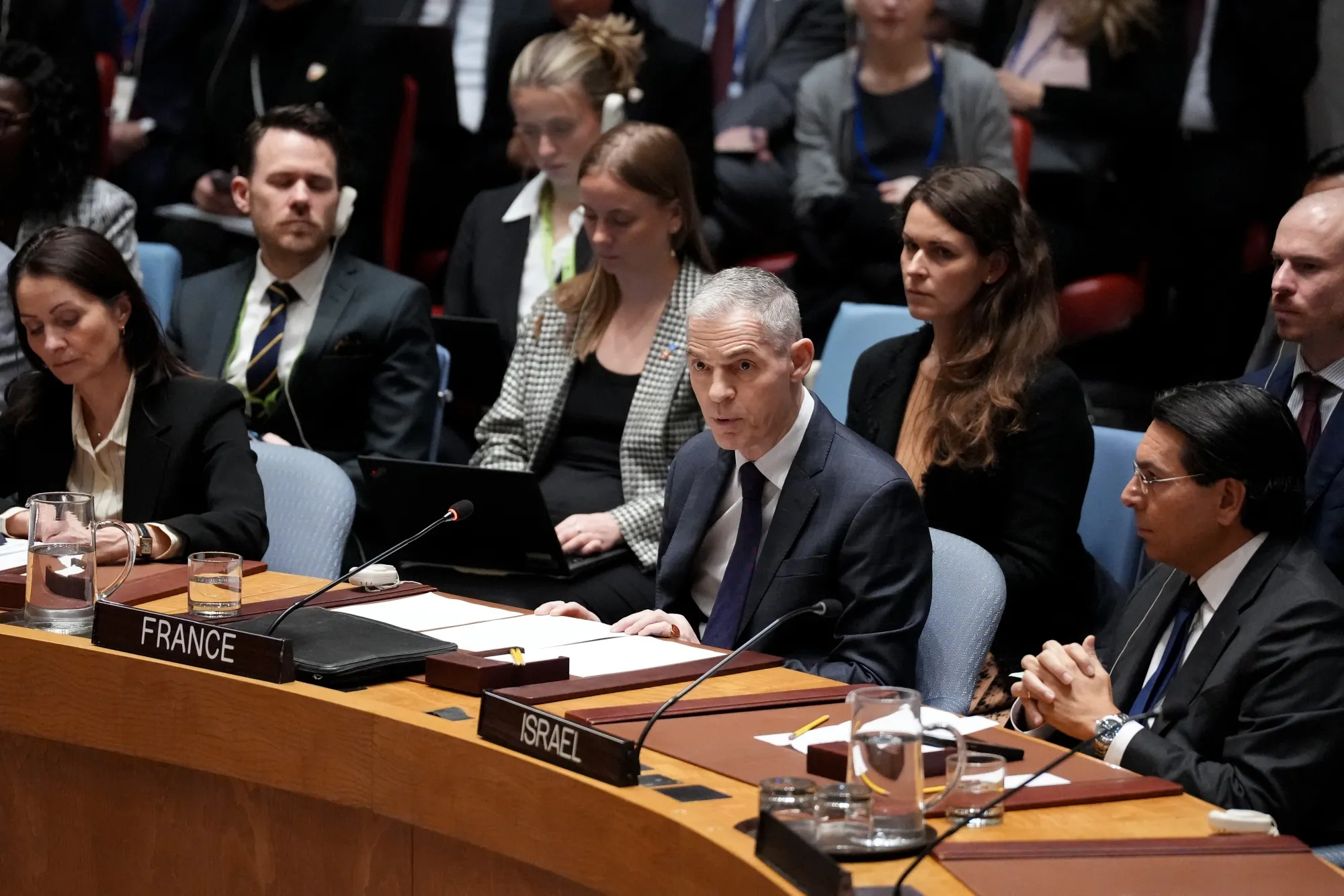 Jerome Bonnafont, ambassador and permanent representative of France to the United Nations, center, speaks during a United Nations (UN) Security Council meeting in New York, US, on Saturday, Feb. 28, 2026.