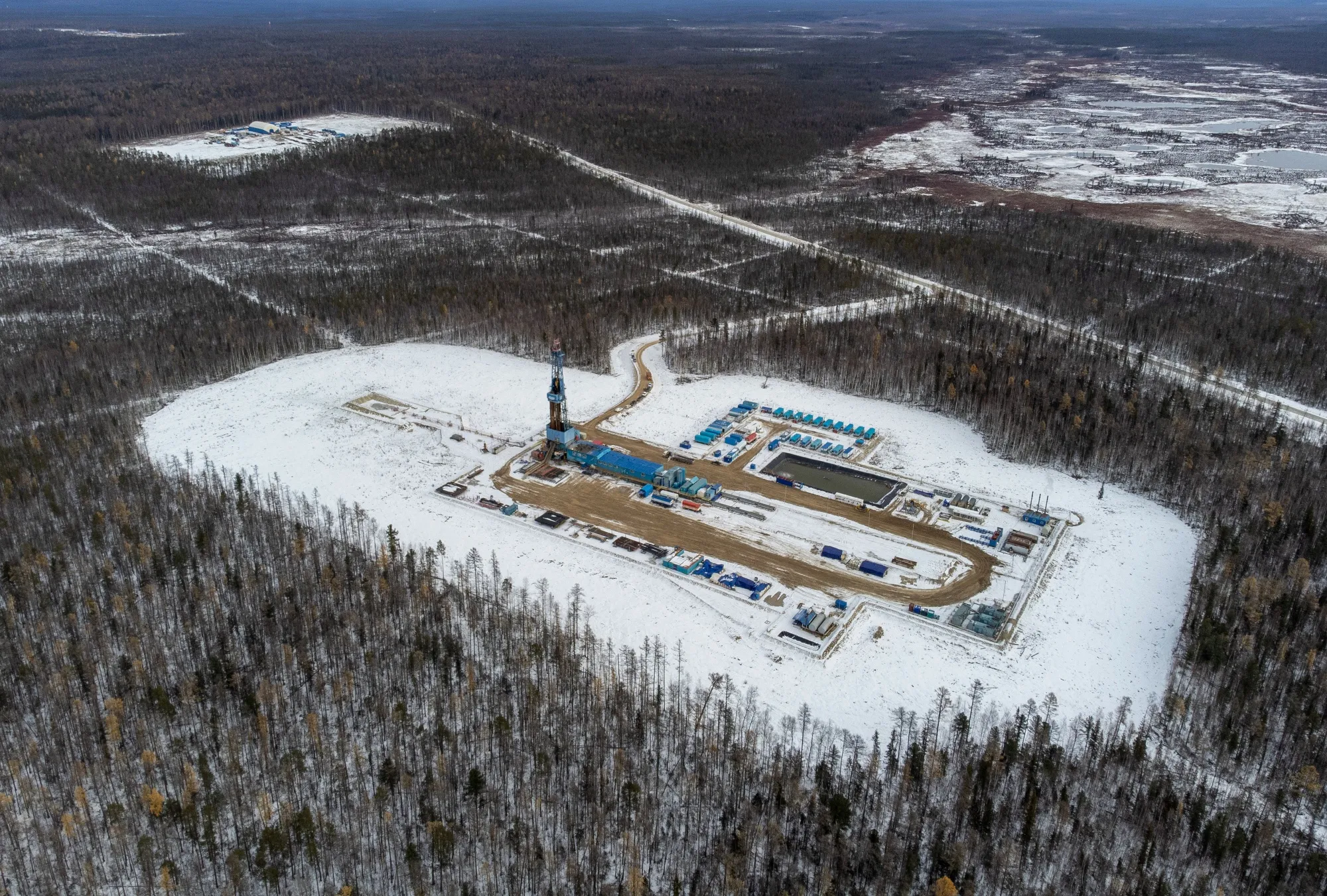 A gas drilling rig in the Lensk district of the Sakha Republic, Russia.