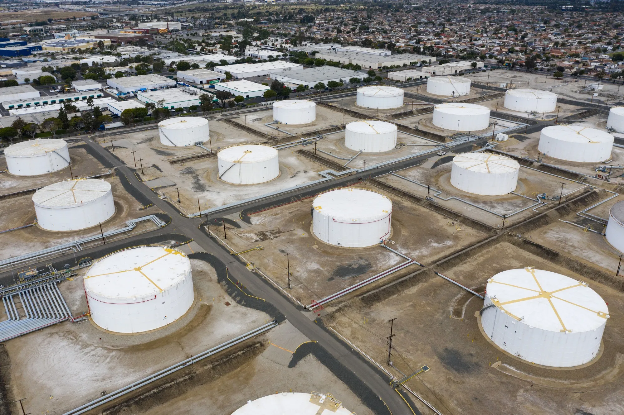 Above ground petroleum storage tanks in Carson, California.