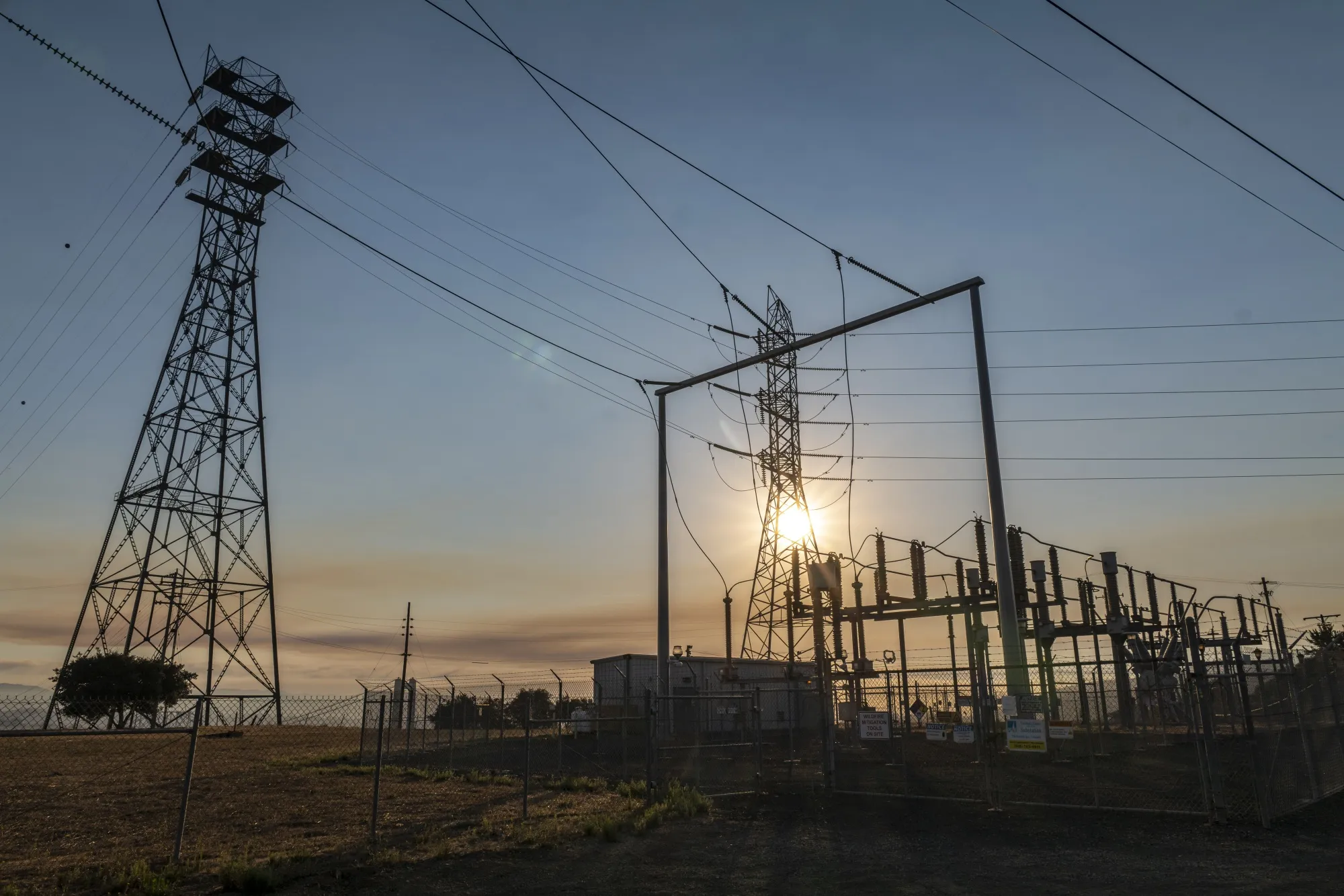 Transmission towers alongside a Pacific Gas & Electric Co. substation in Crockett, California.