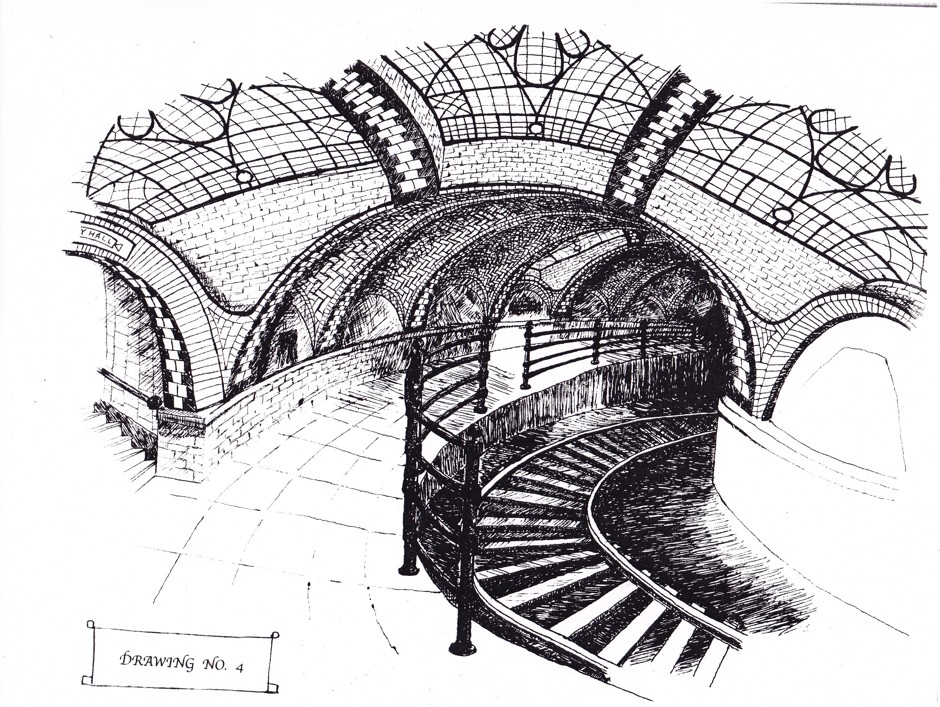 A sketch of the track level of the abandoned City Hall station.