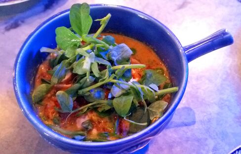 Curry laksa peas, roasted cashews, pea shoots at Chick 'n' Sours.