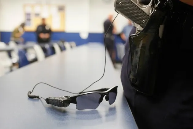 An on-body video camera clipped to a Los Angeles police officer's glasses