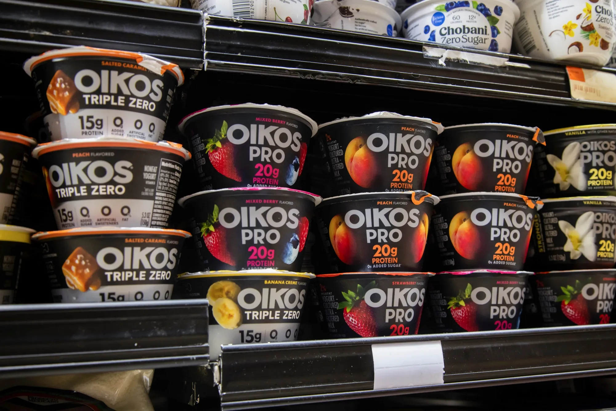 Oikos Pro yogurt at a grocery store in New York, US.