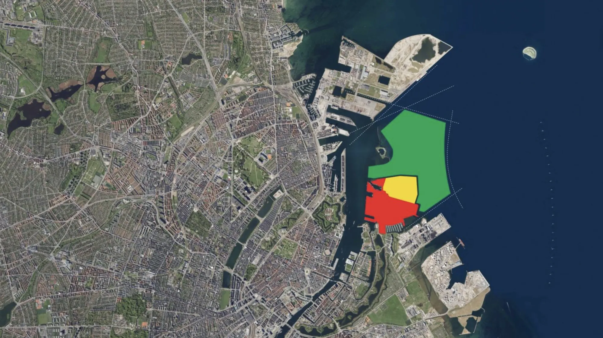The proposed site of Lynetteholm, an artificial island&nbsp;set to be built in Copenhagen’s North Harbor. The green area shows Lynetteholm’s outline, the red area shows an already existing island called Refshaleøena, and the yellow an existing water treatment plant that will be relocated when Lynetteholm is complete.