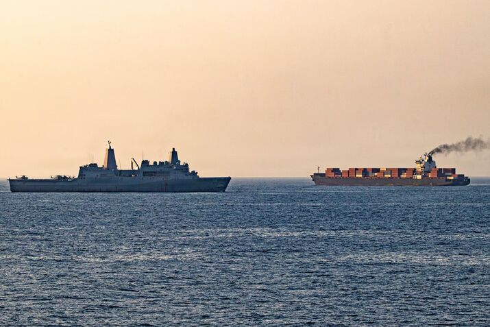 US forces patrol the Arabian Sea near the Touska cargo ship, on April 20.