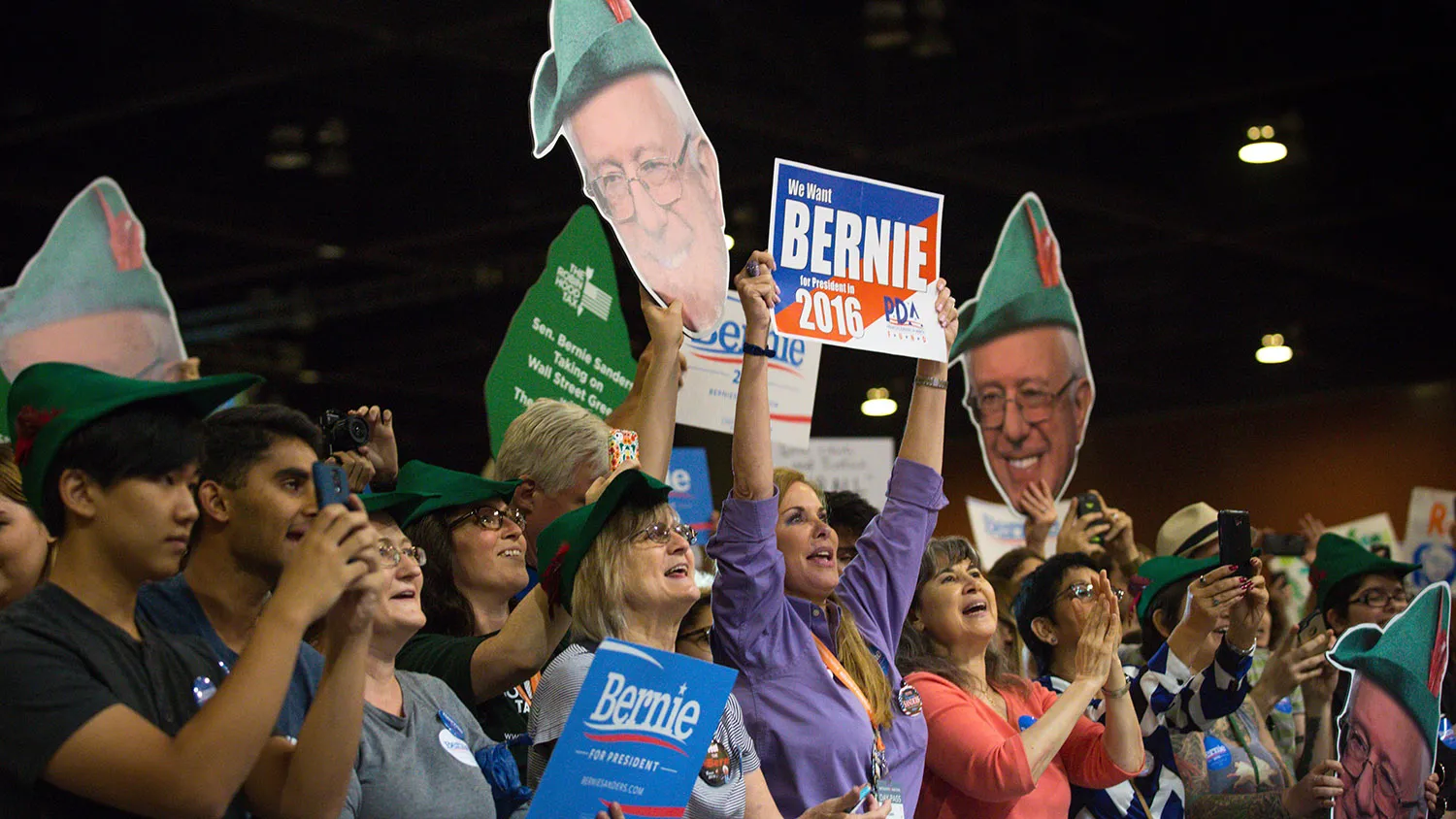 PHOENIX, AZ - JULY 18: Attendees show their support for U.S. Sen. Bernie Sanders (I-VT) at the start of a rally at the Phoenix Convention Center July 18, 2015 in Phoenix, Arizona. The Democratic presidential candidate spoke on his central issues of income inequality, job creation, controlling climate change, quality affordable education and getting big money out of politics, to more than 11,000 people attending.
