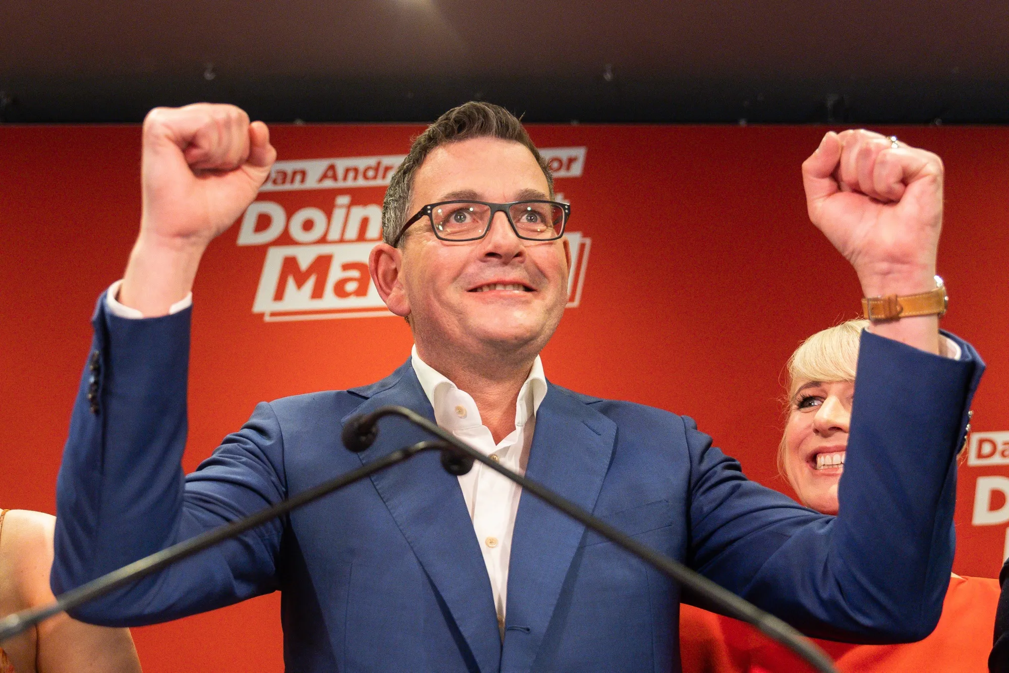 Daniel Andrews celebrates&nbsp;in his seat of Mulgrave on Nov. 26.