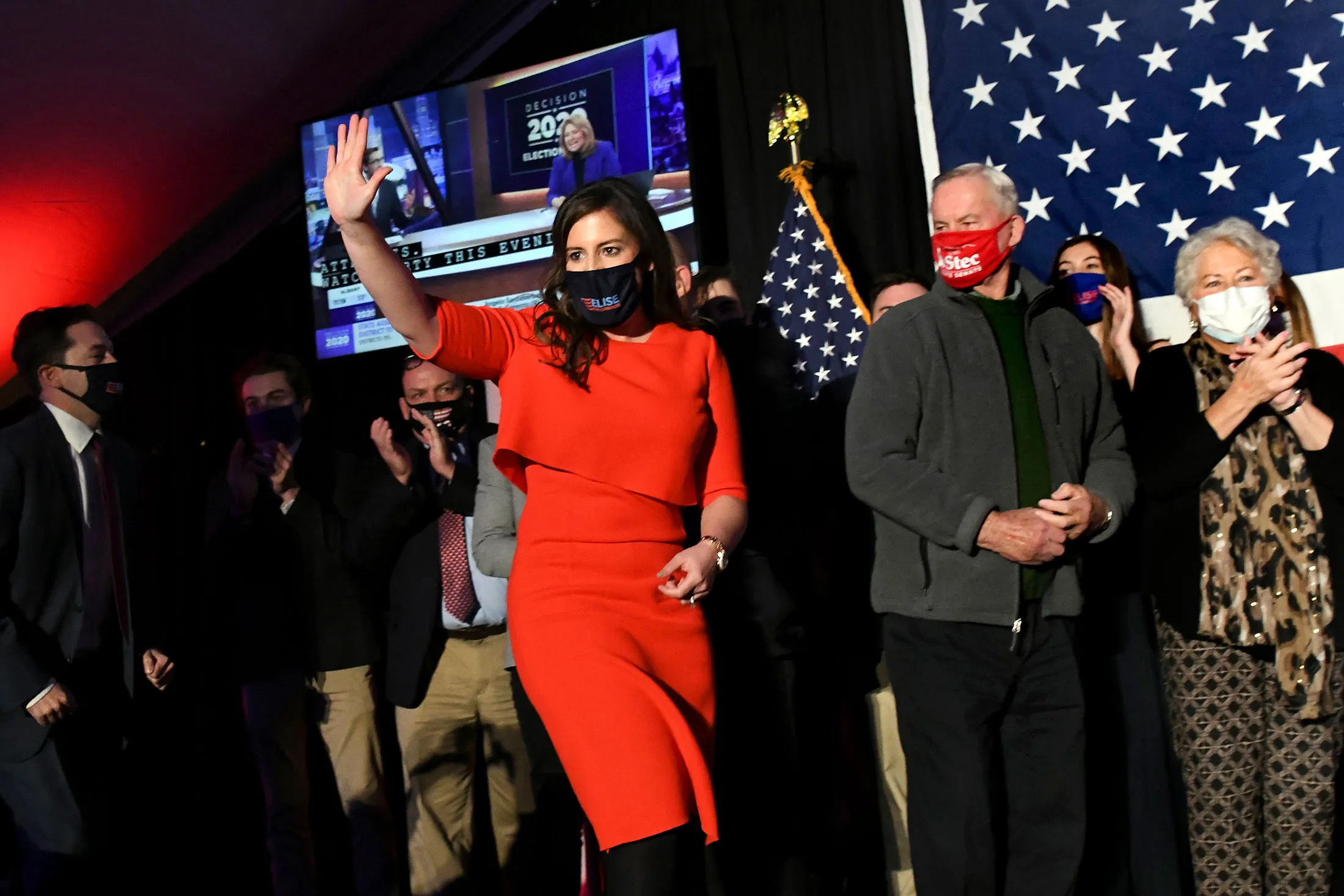 Representative Elise Stefanik takes the stage at the Queensbury Hotel in Glens Falls, N.Y., after winning reelection on&nbsp;Nov. 3.