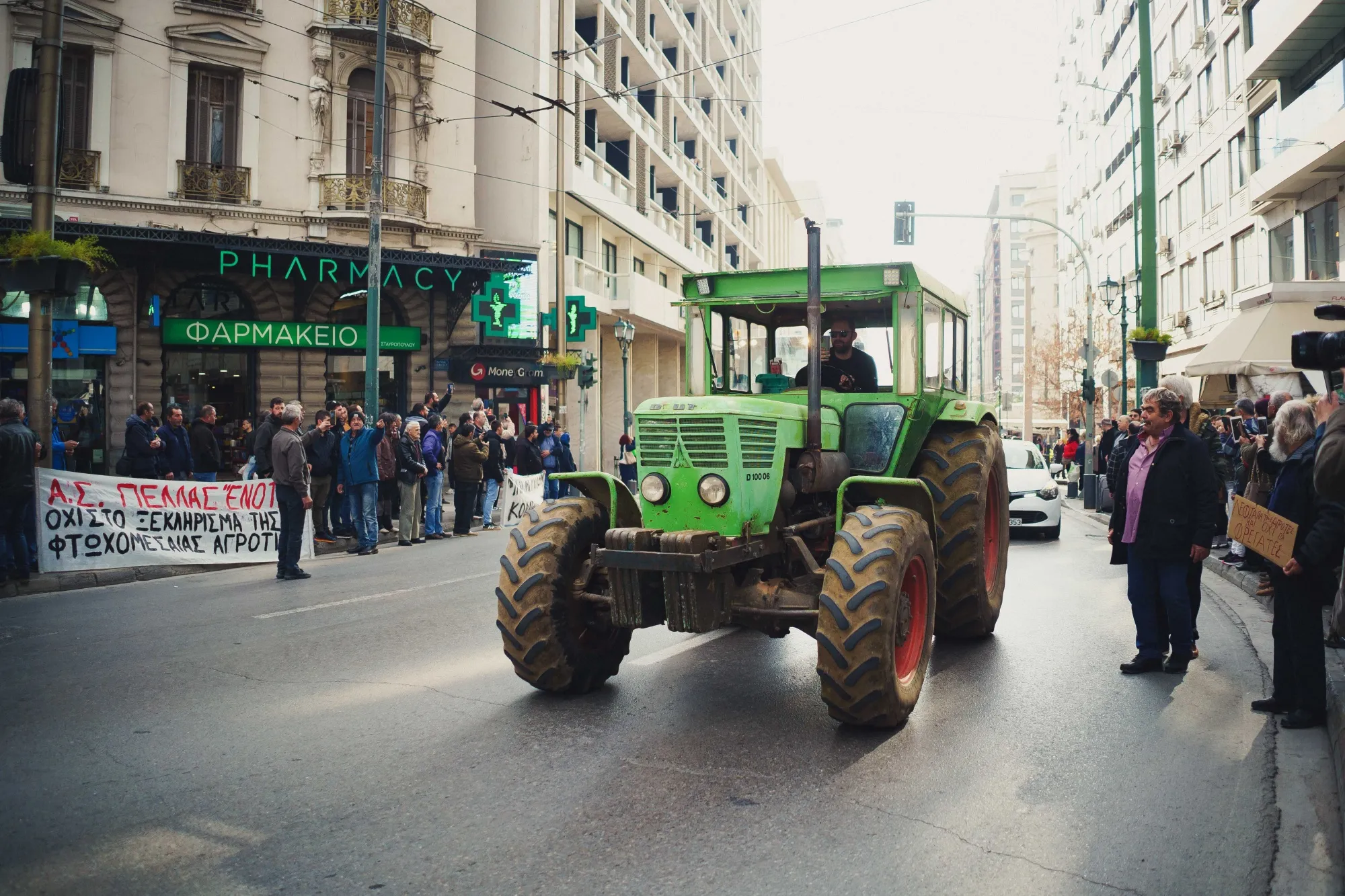 Farmers drive their tractors into the city center during a protest in Athens, Greece, on Feb. 20.