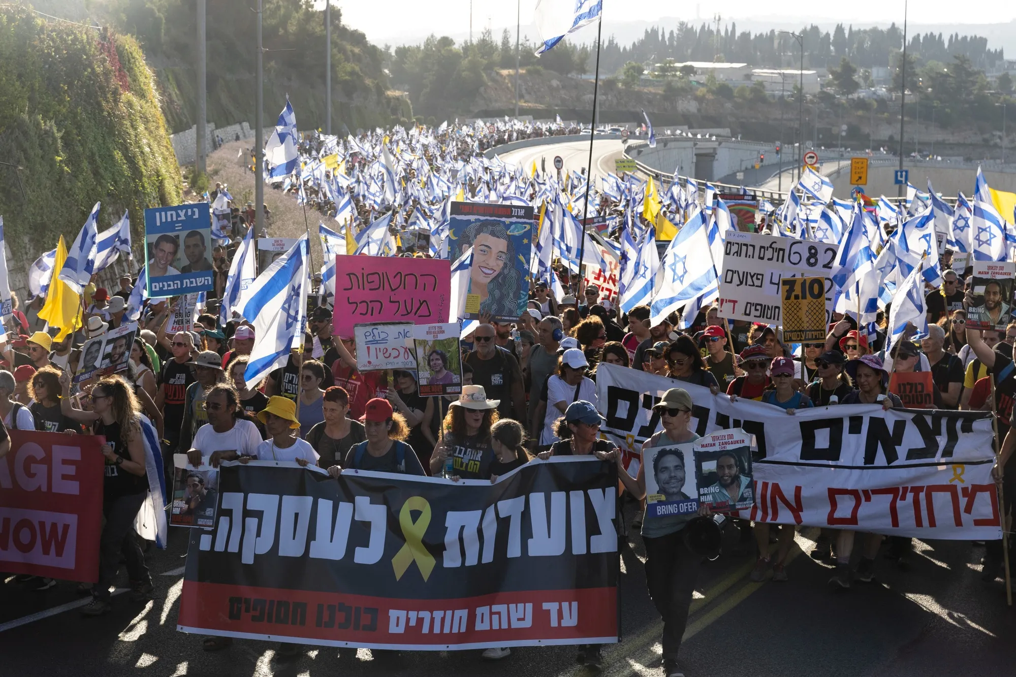 Families of hostages lead a protest march calling for an hostage deal in Jerusalem, on July 13.