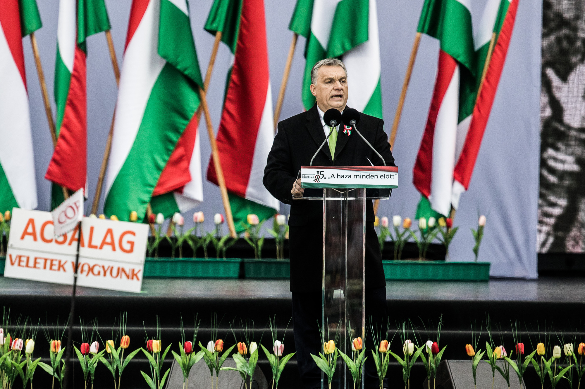 Viktor Orban, Hungary's prime minister, delivers a speech during a public ceremony in Budapest, Hungary, on Thursday, March 15, 2018. With less than three weeks to go before the April 8 parliamentary vote, Orban is tipped for a third consecutive term, and most polls measure his Fidesz party’s support at roughly equal to the four biggest opposition parties combined.