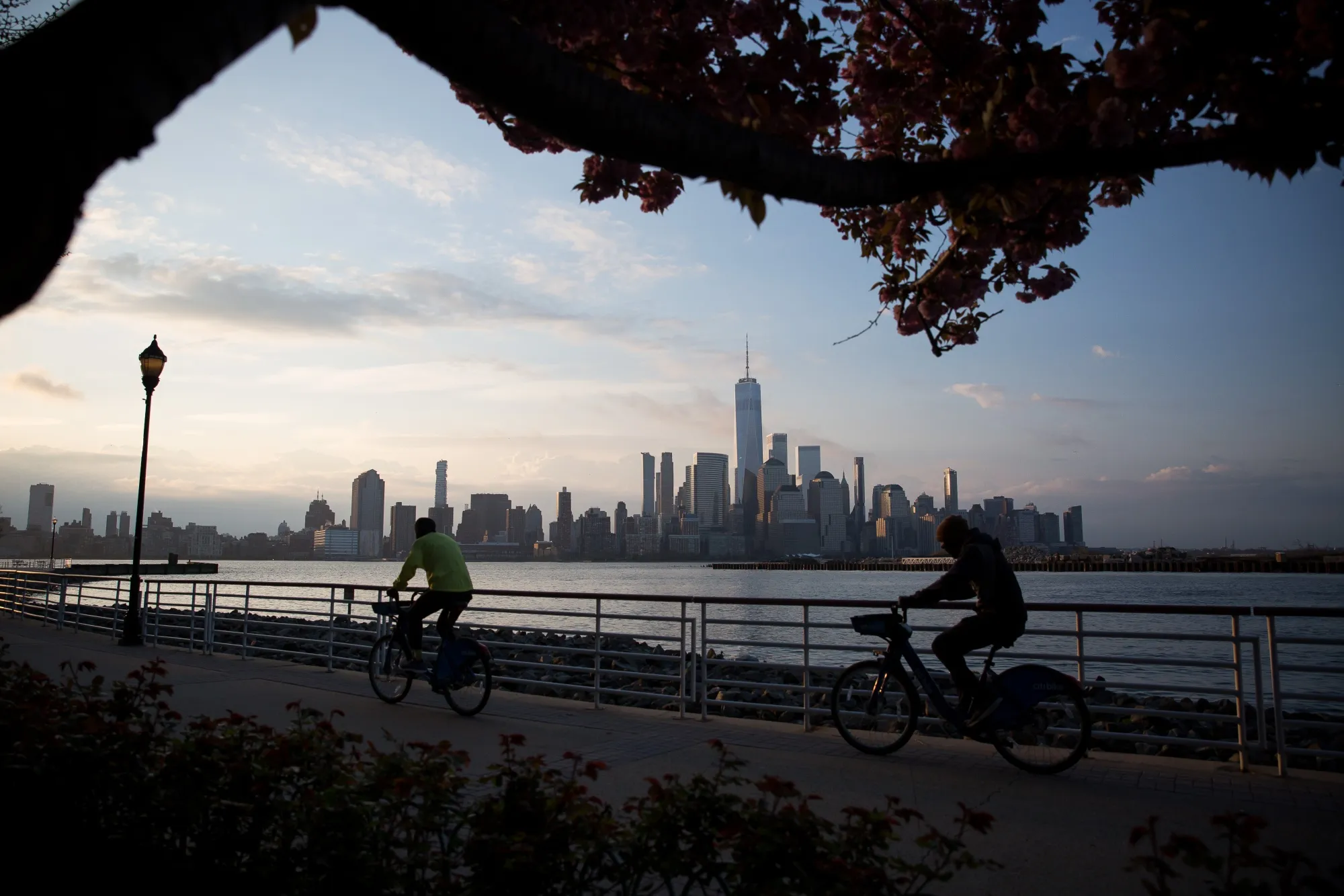 Cyclists pass in front of buildings on the Lower Manhattan skyline.