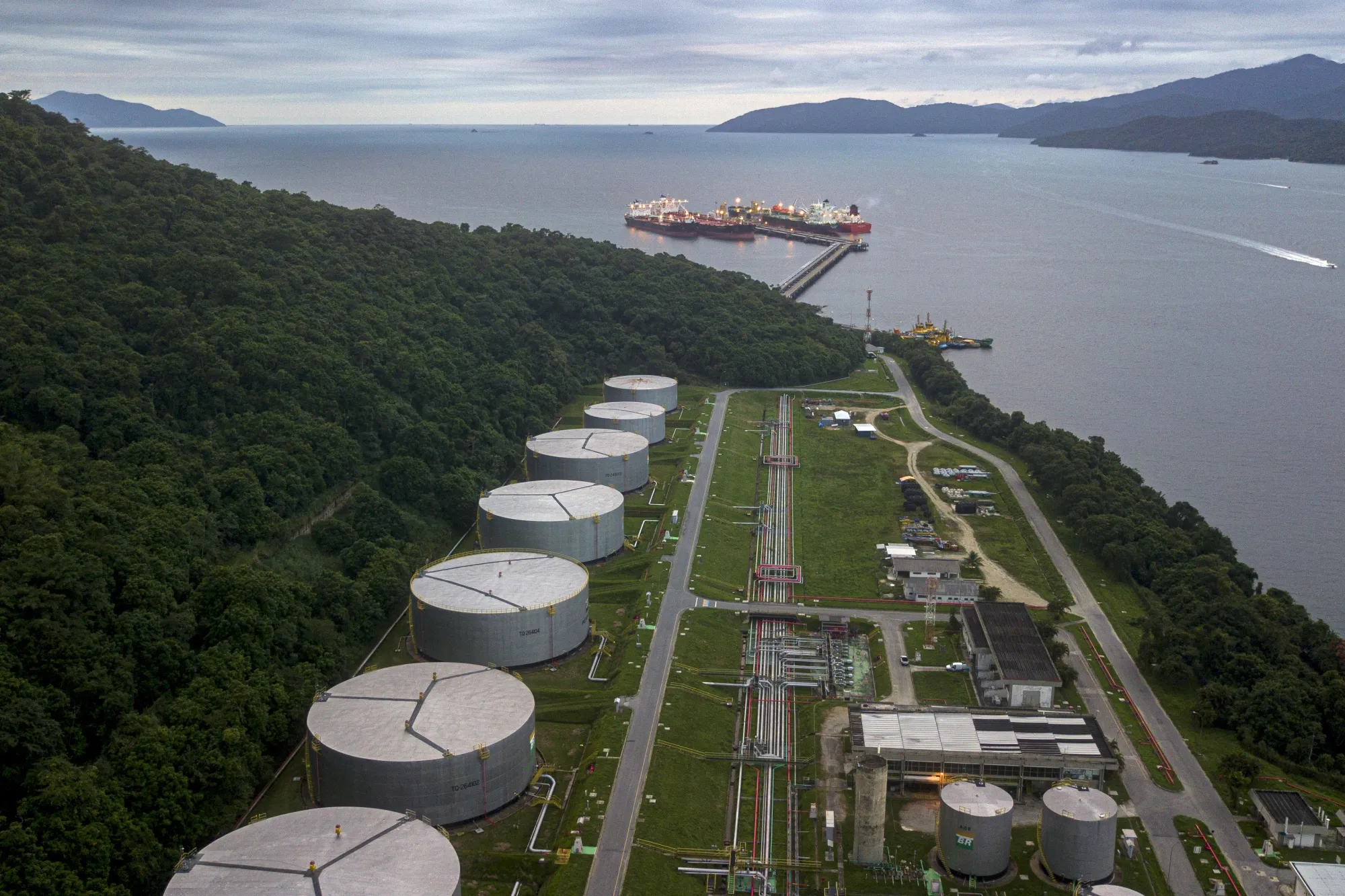 Oil storage tanks at the Petrobras Angra dos Reis fuel terminal in Angra dos Reis, Brazil.