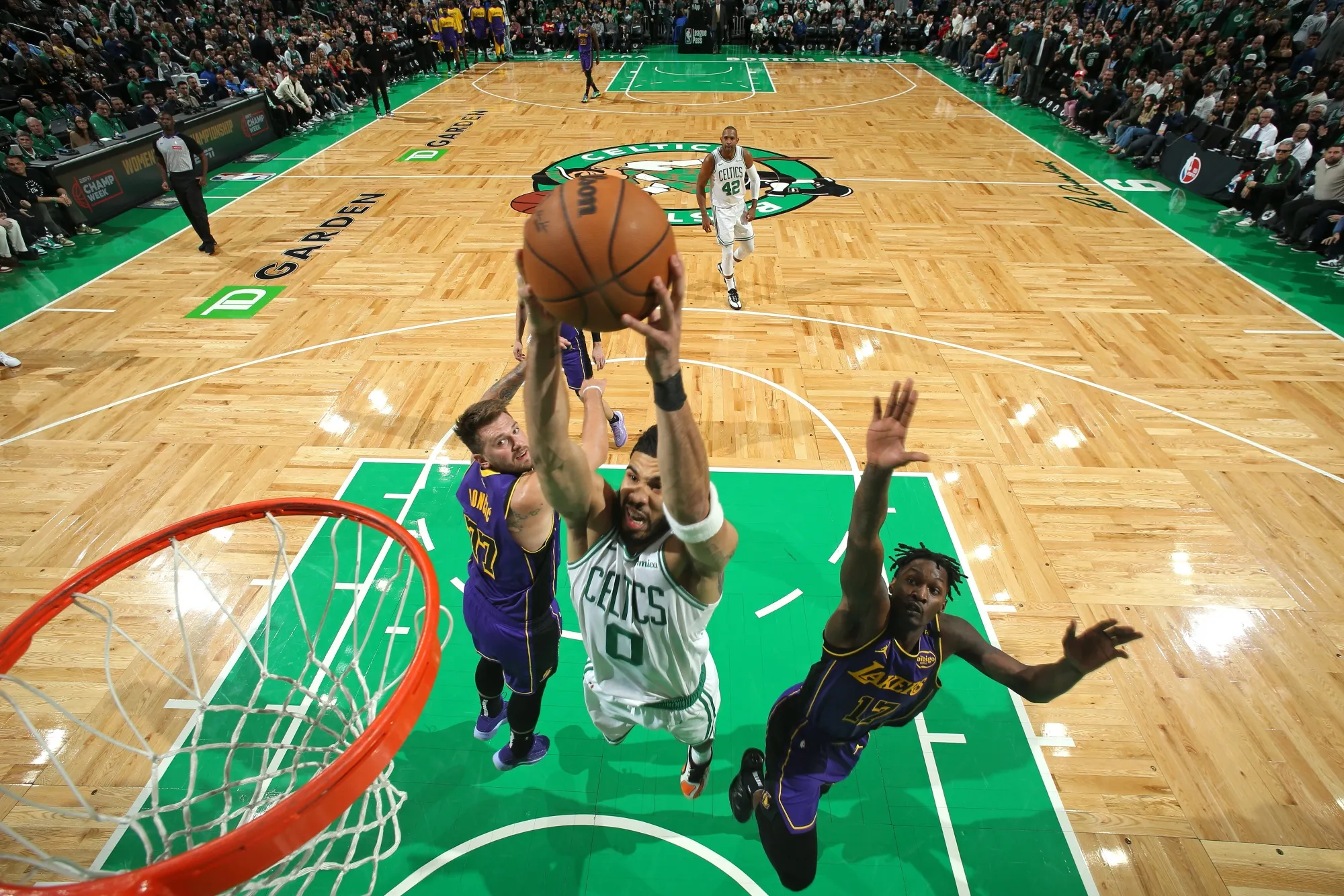 Jayson Tatum of the Boston Celtics dunks the ball during the game against the Los Angeles Lakers in March.
