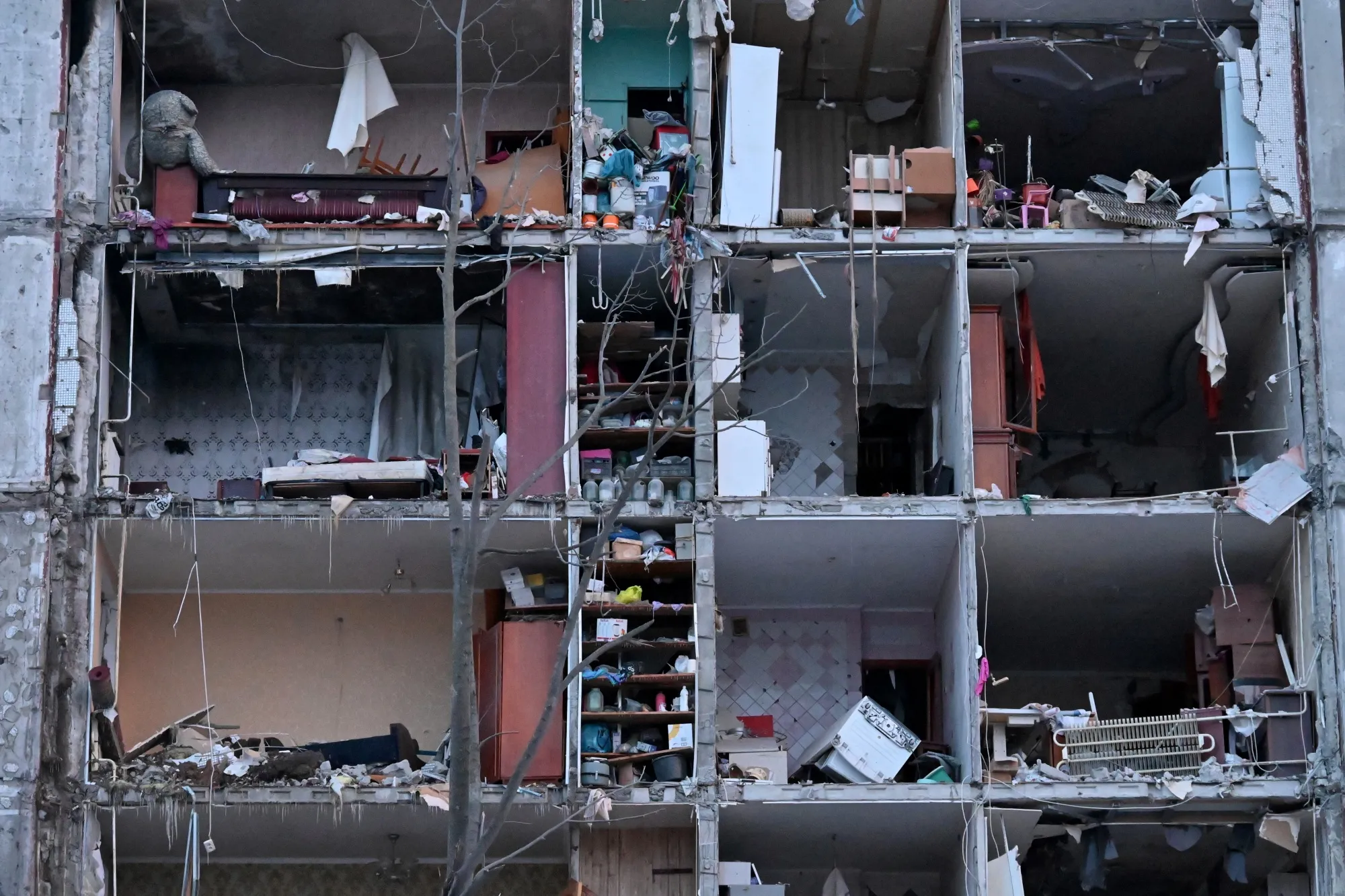 Destroyed apartments following a Russian strike in Kharkiv, Ukraine.