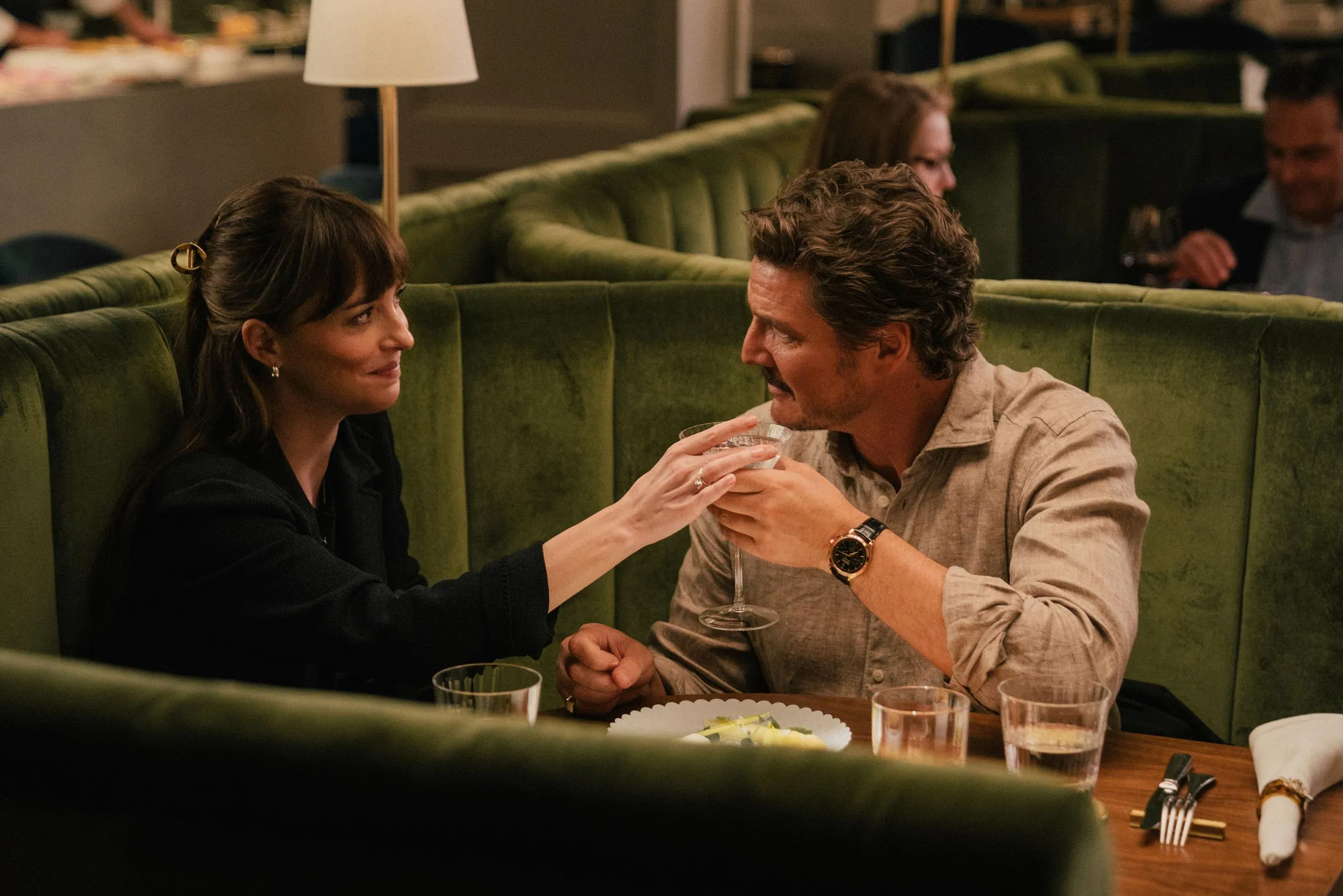 Dakota Johnson and Pedro Pascal in "Materialists," a new movie about high-end matchmaking.