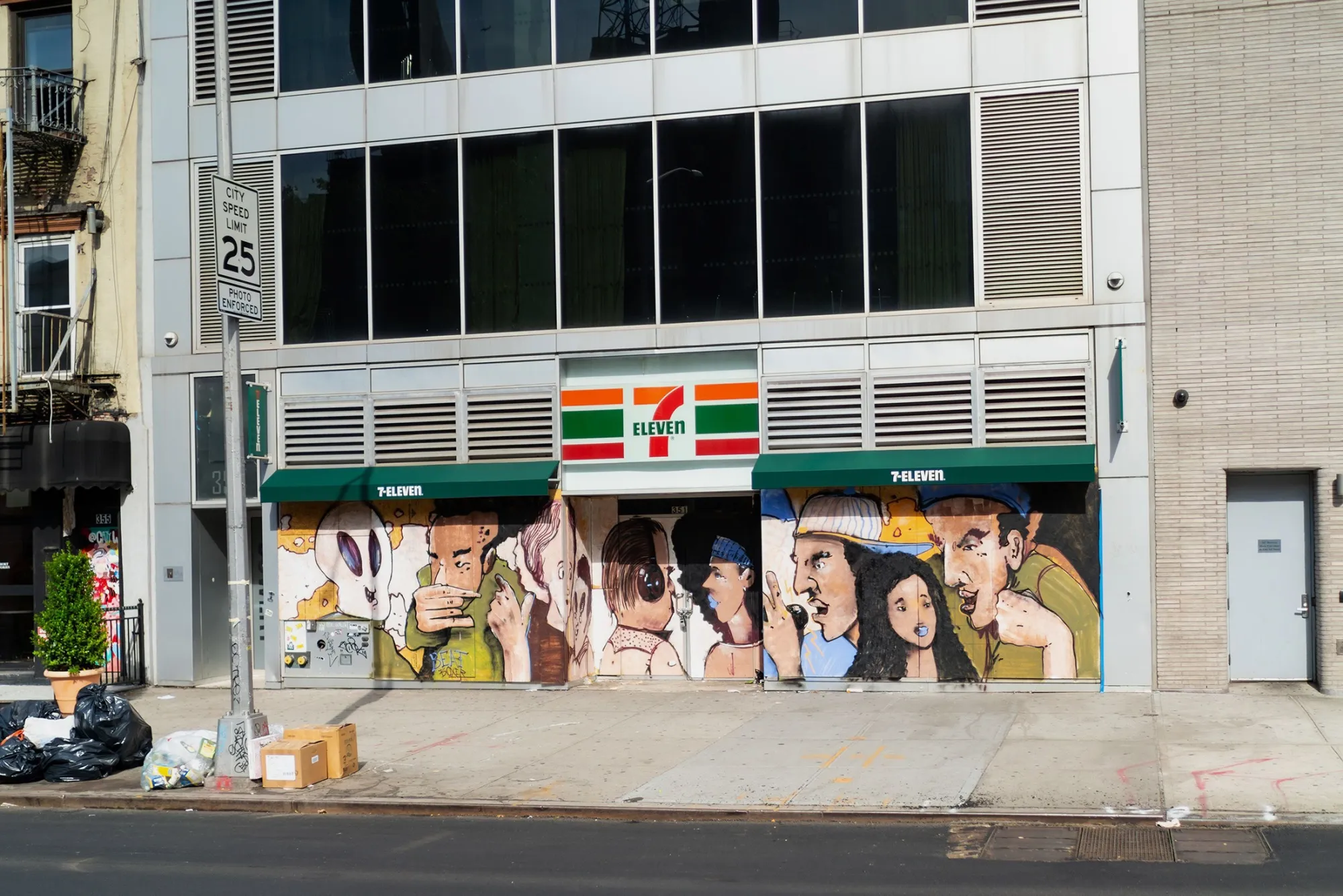 Street art is displayed on a boarded-up 7-Eleven amid coronavirus closures and protests in New York City’s&nbsp;East Village on June 19, 2020.&nbsp;