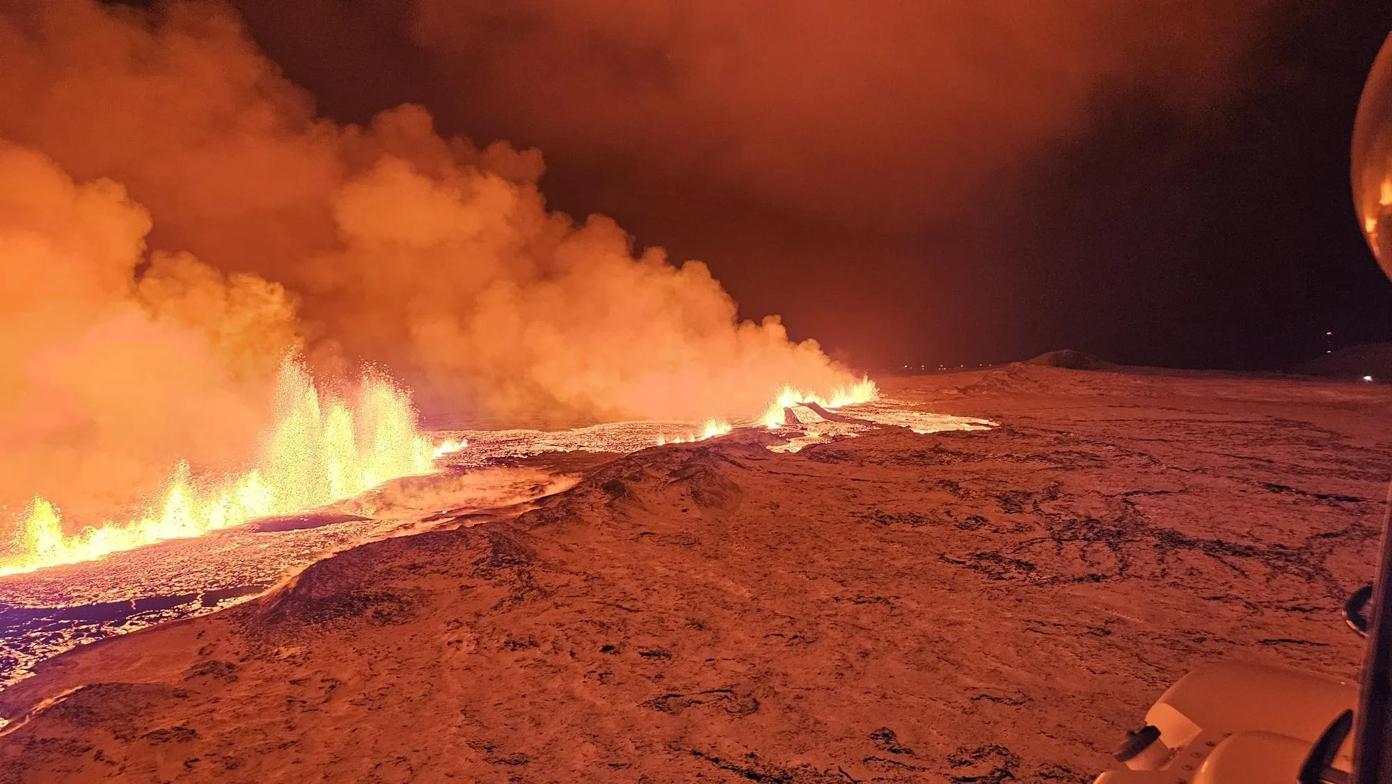 Lava spews near Reykjanes Peninsula close to Grindavik, Iceland on Dec. 18. While it poses a local threat, the eruption is unlikely to produce the type of eruption that could cool the planet.