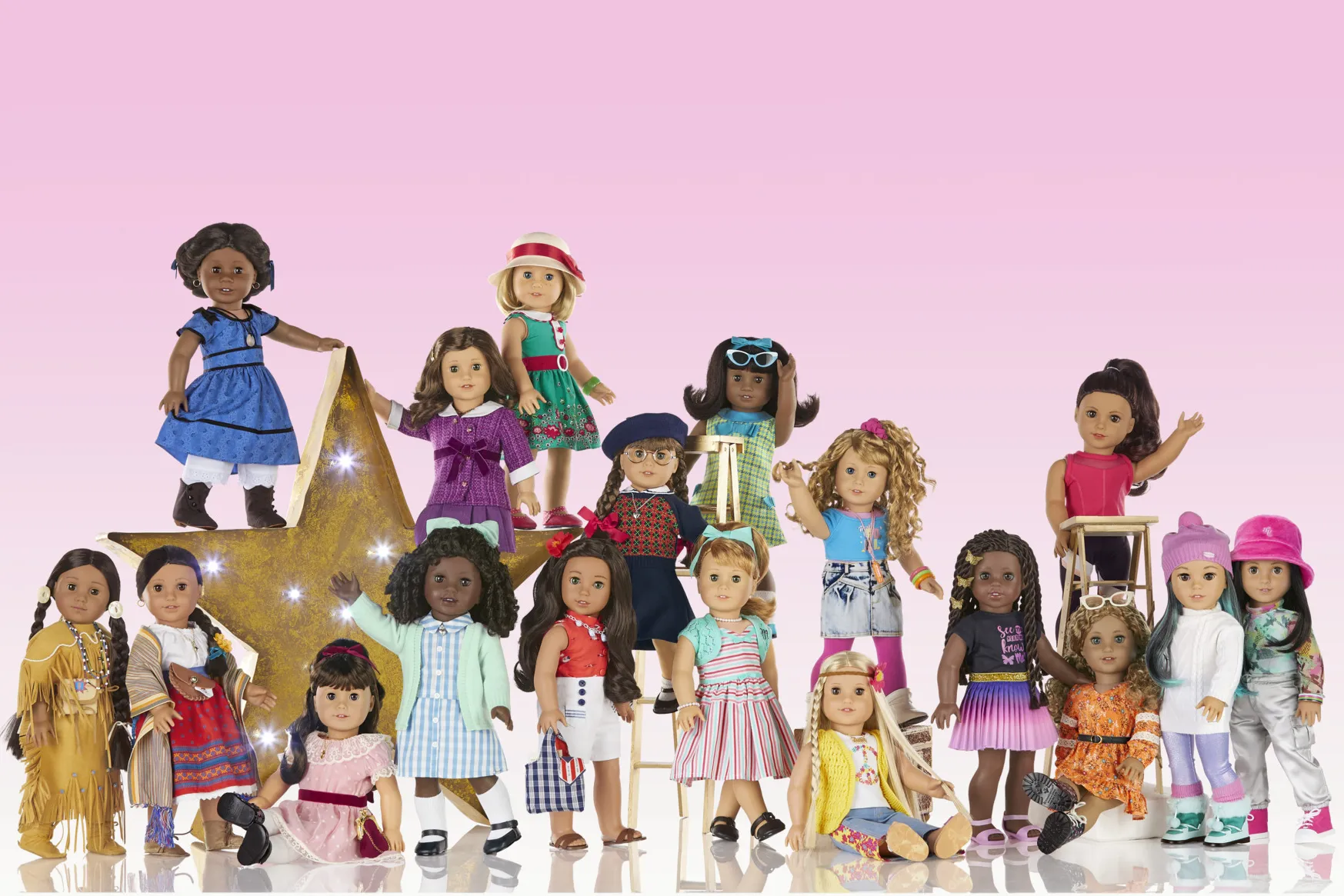 This image shows a variety of American Girl dolls. The toy company Mattel is developing a live-action film based on its American Girl doll line. (American Girl via AP)