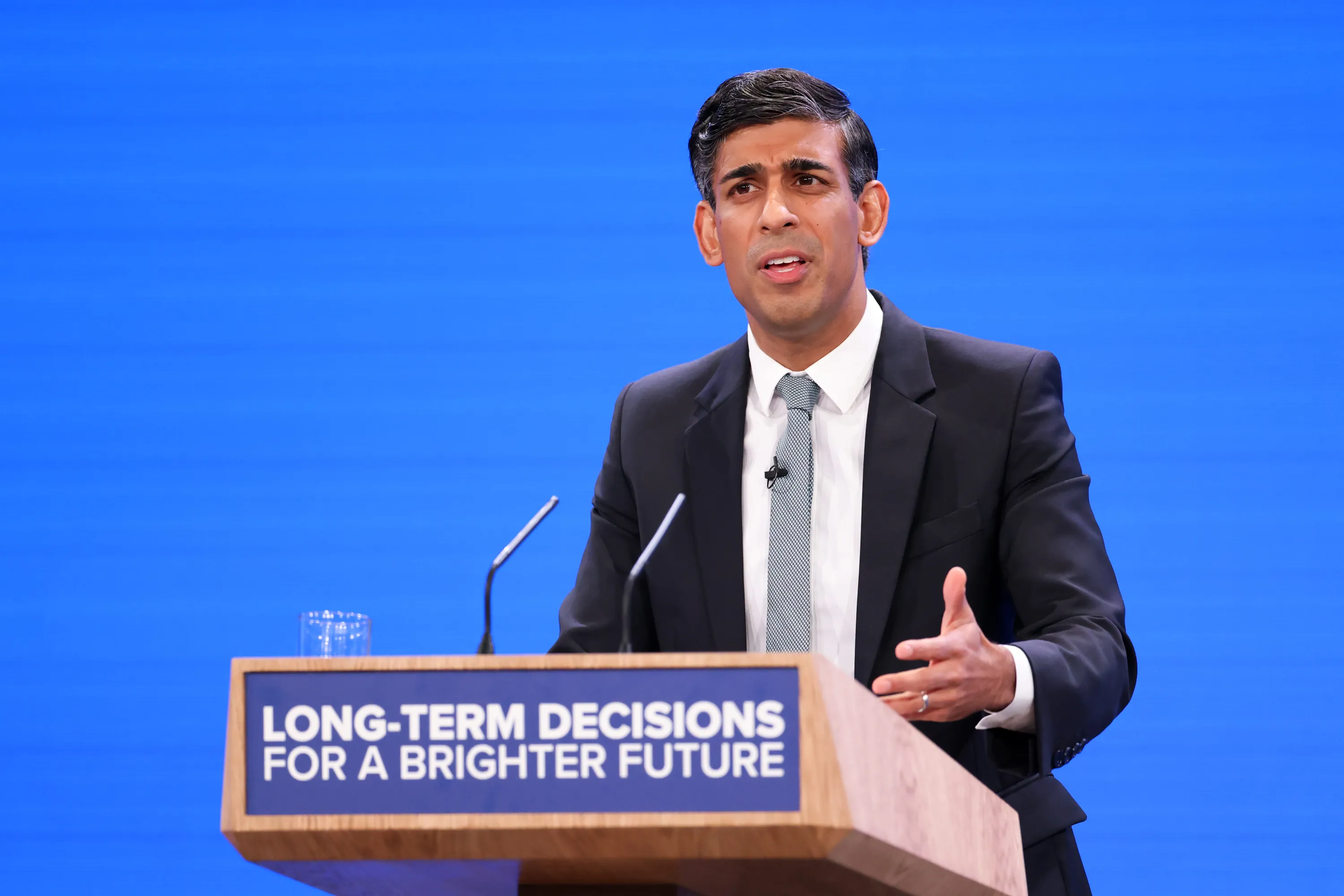 Rishi Sunak, UK prime minster, delivers his keynote speech on the closing day of the UK Conservative Party Conference in Manchester on&nbsp;Oct. 4.