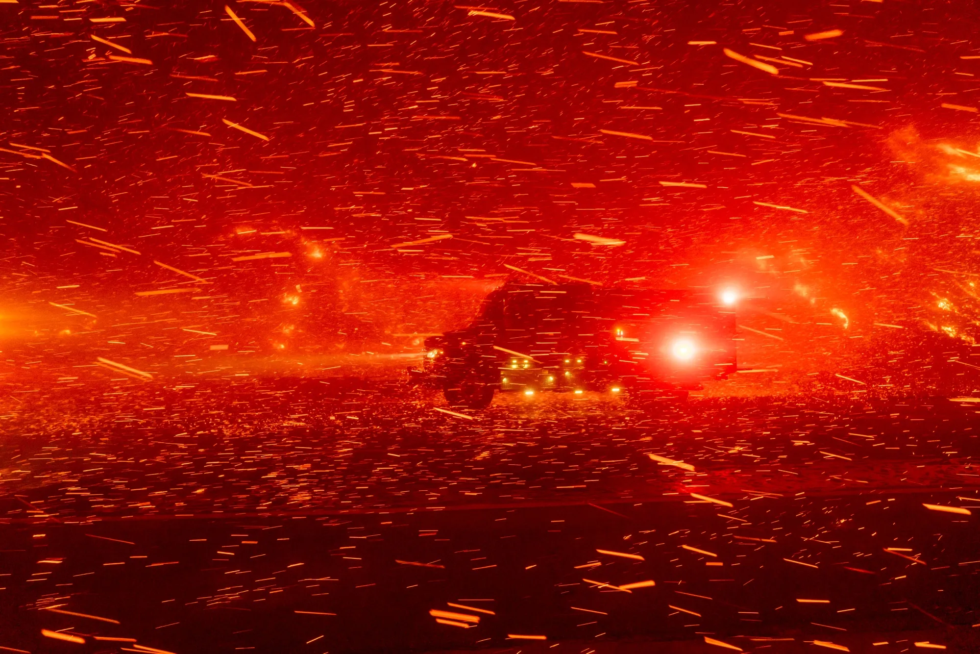 A fire truck during the Palisades Fire in the Pacific Palisades neighborhood of Los Angeles on Jan. 7.