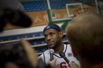 LeBron James, a member of the U.S. Olympic men's basketball team, speaks to the media in Beijing on Aug. 7, 2008.
