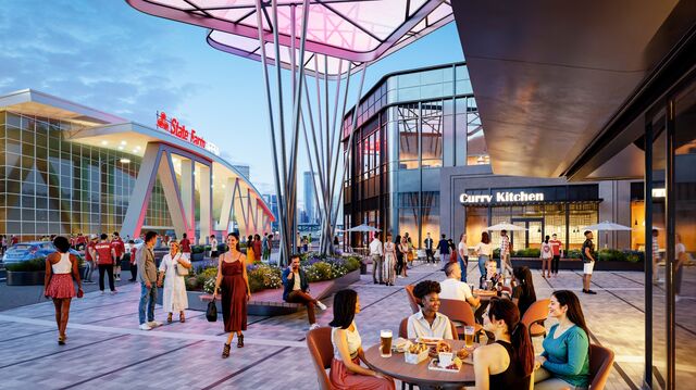 A rendering of Centennial Yards showing customers eating in an outside dining area of a restaurant across from State Farm Arena.