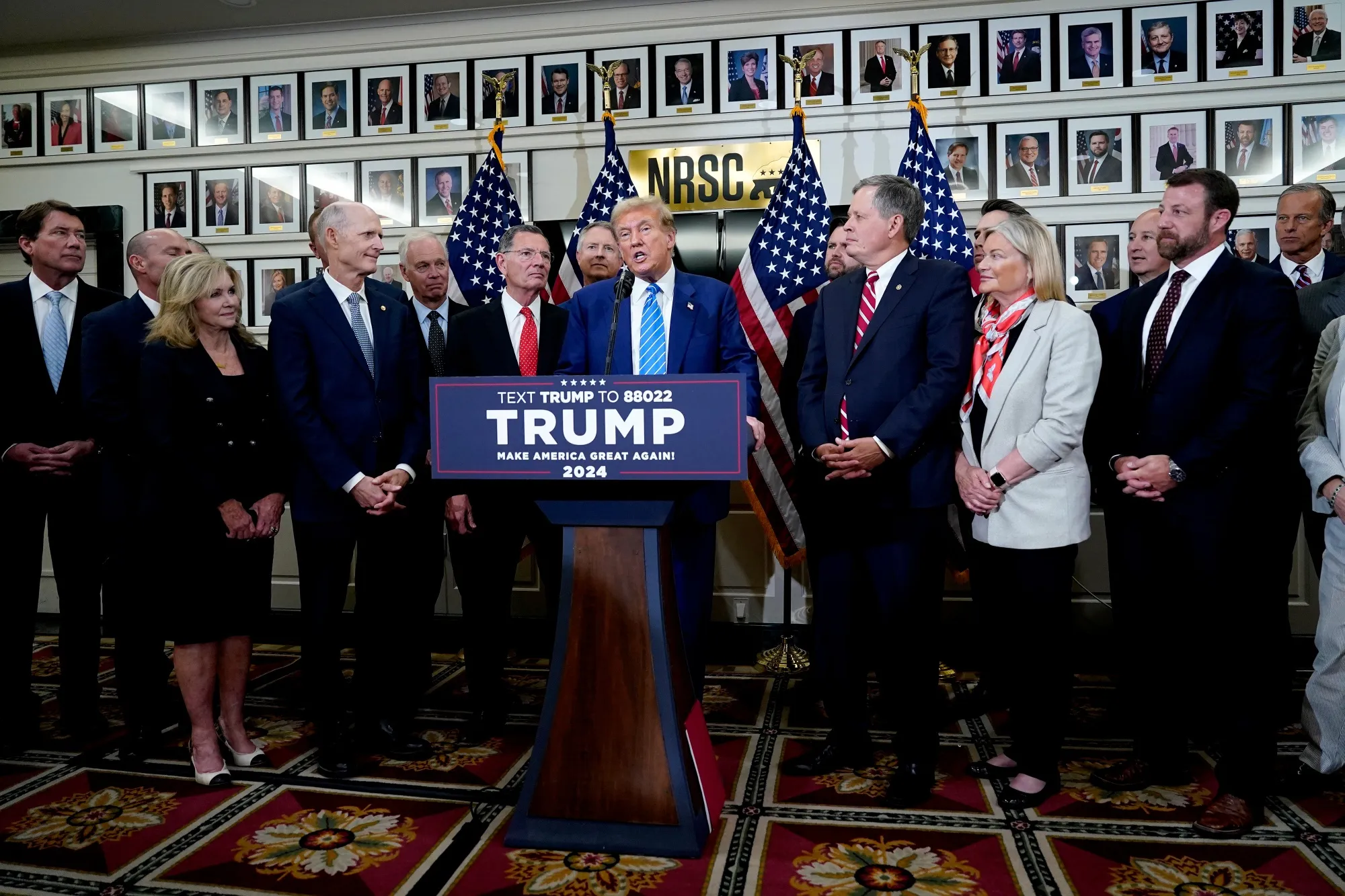 Donald Trump speaks following a meeting with Senate Republicans at the National Republican Senatorial Committee office in Washington, DC on June 13.
