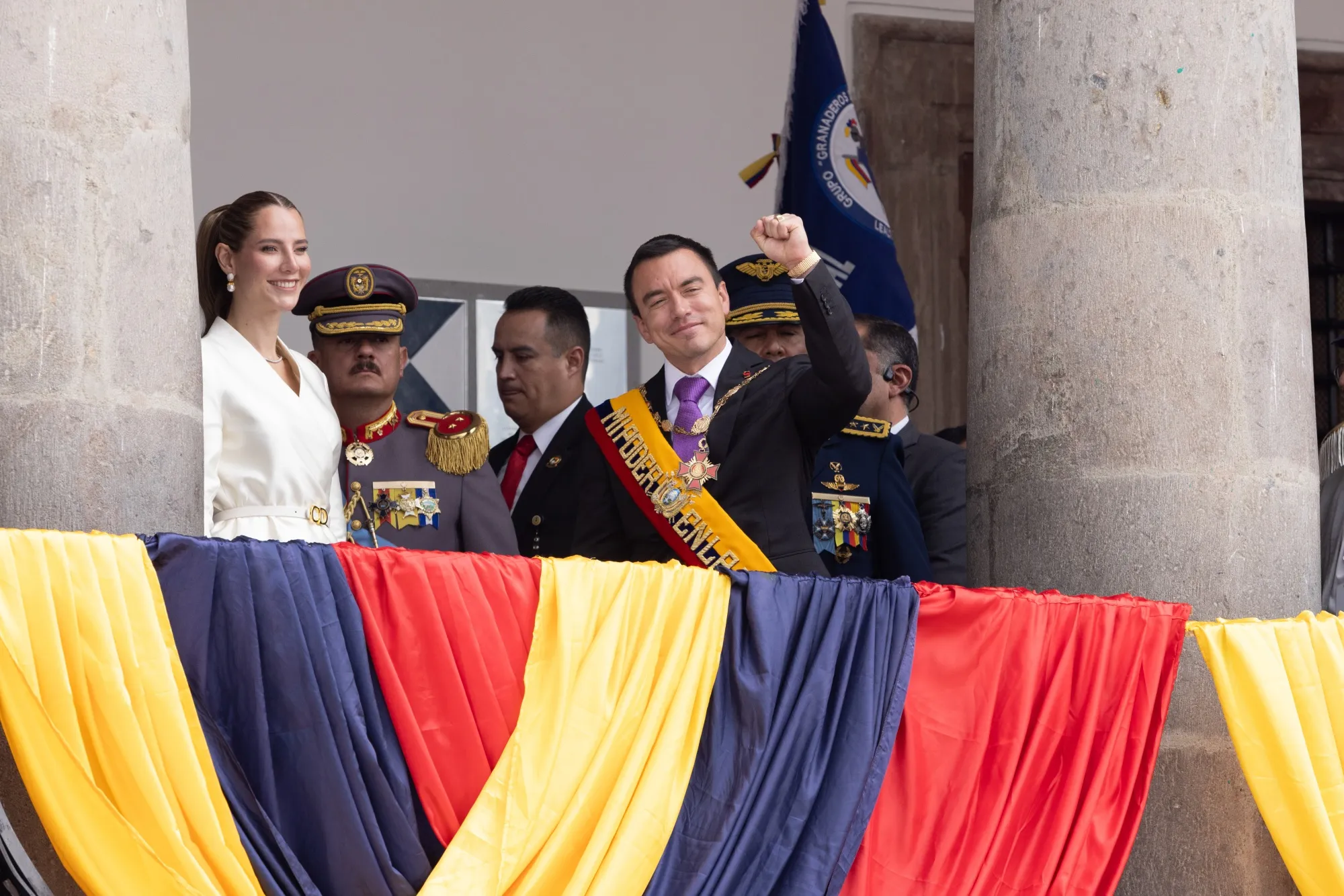 Daniel Noboa greet supporters from the balcony of the presidential palace in Quito, Ecuador, on May 24.