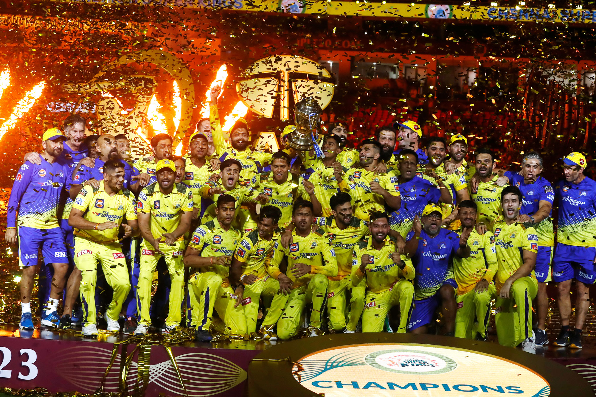 Chennai Super Kings celebrate winning the IPL final on May 30.