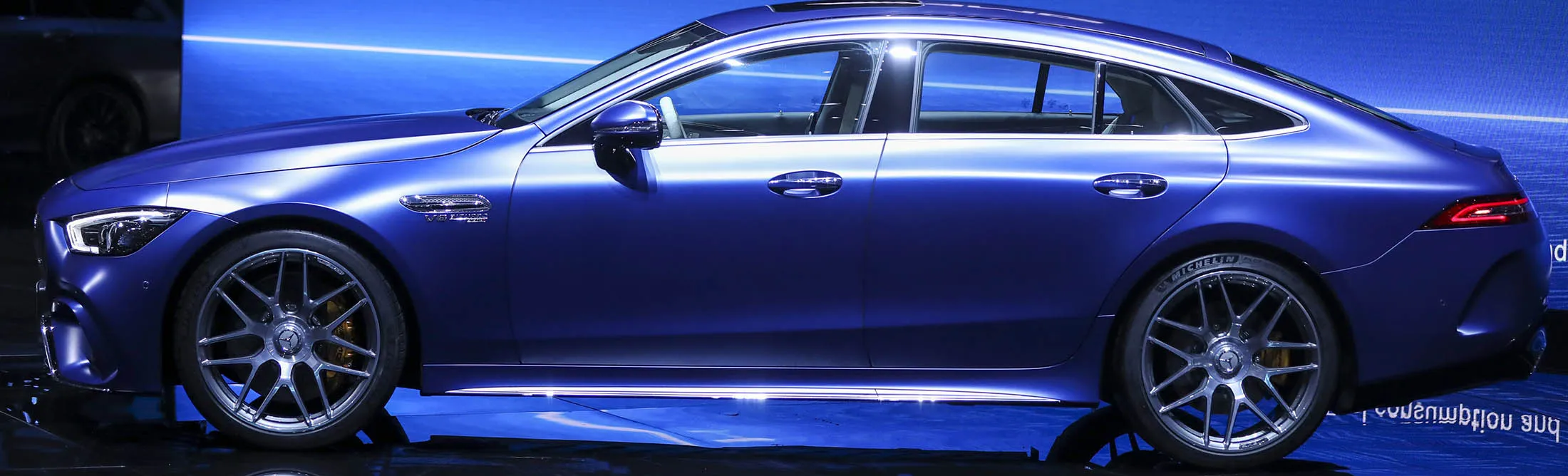 A Mercedes-AMG GT 4-Door coupe automobile sits on display after its unveiling on the opening day of the 88th Geneva International Motor Show in Geneva, Switzerland, on Tuesday, March 6, 2018. The show opens to the public on March 8, and will showcase the latest models from the world's top automakers.