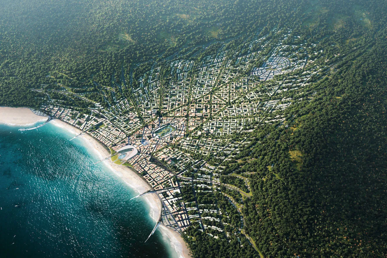 Digital rendering showing a possible design of a Praxis city.