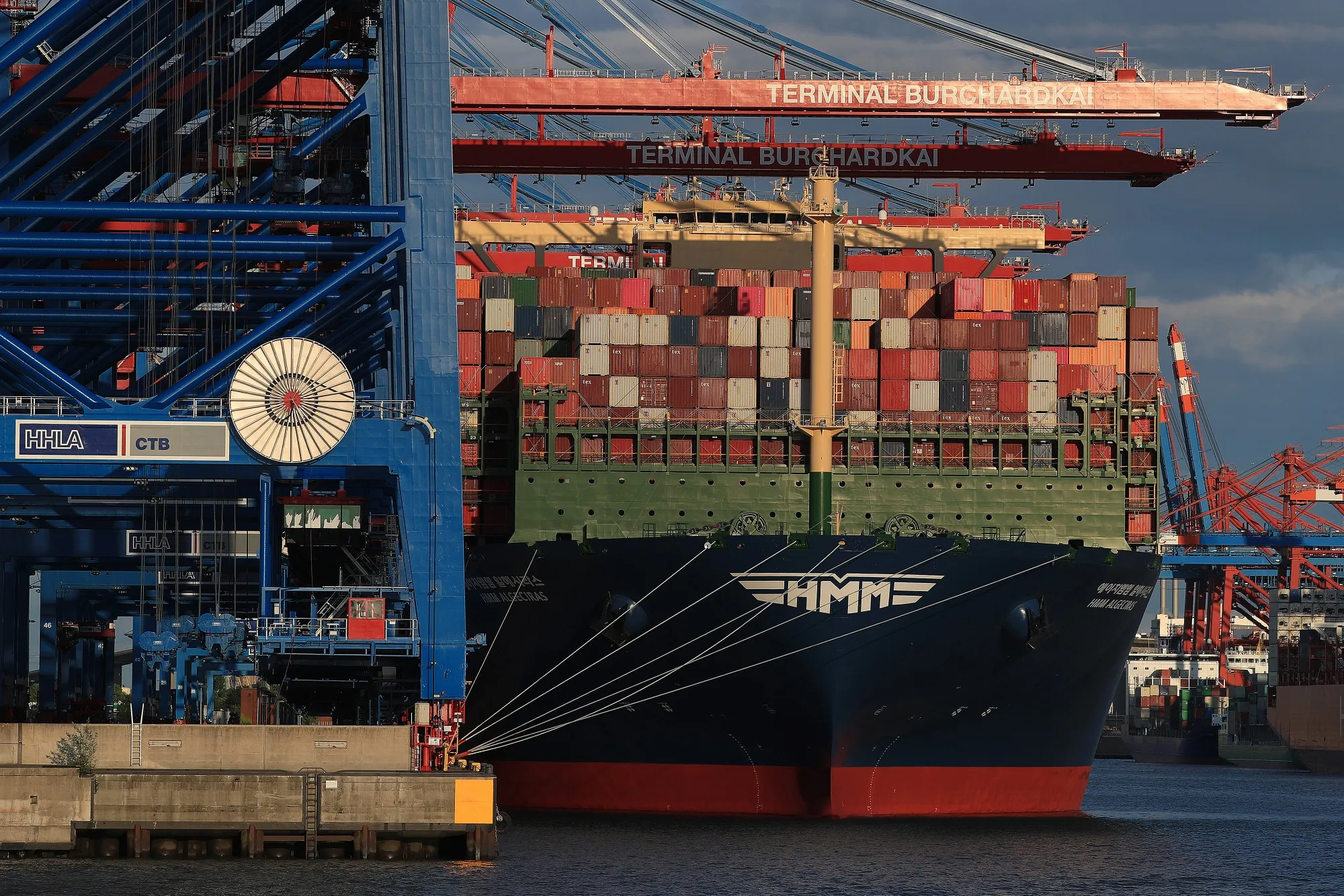 The HMM Algeciras, operated by Hyundai Merchant Marine, moored at the Port of Hamburg in German