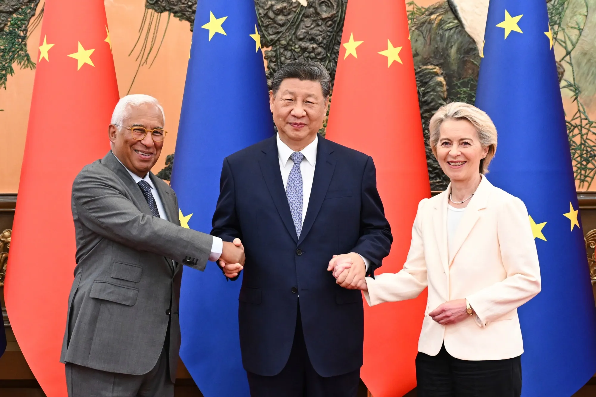Xi Jinping, center, President of the European Council Antonio Costa, left, and President of the European Commission Ursula von der Leyen, in Beijing, on July 24.