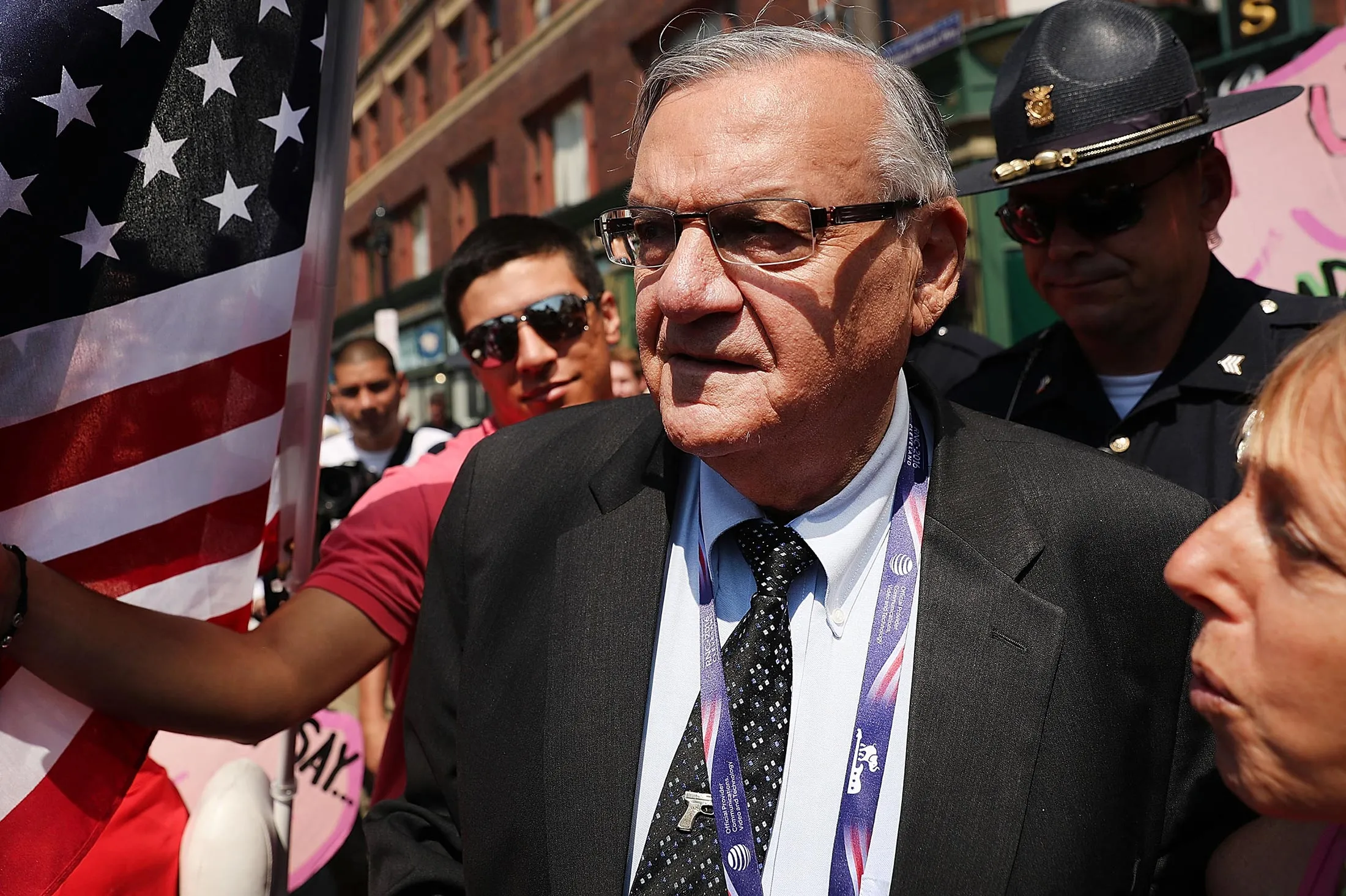 Joe Arpaio is surrounded by protesters and members of the media at the the site of the Republican National Convention&nbsp;in downtown Cleveland, Ohio, on July 19, 2016.