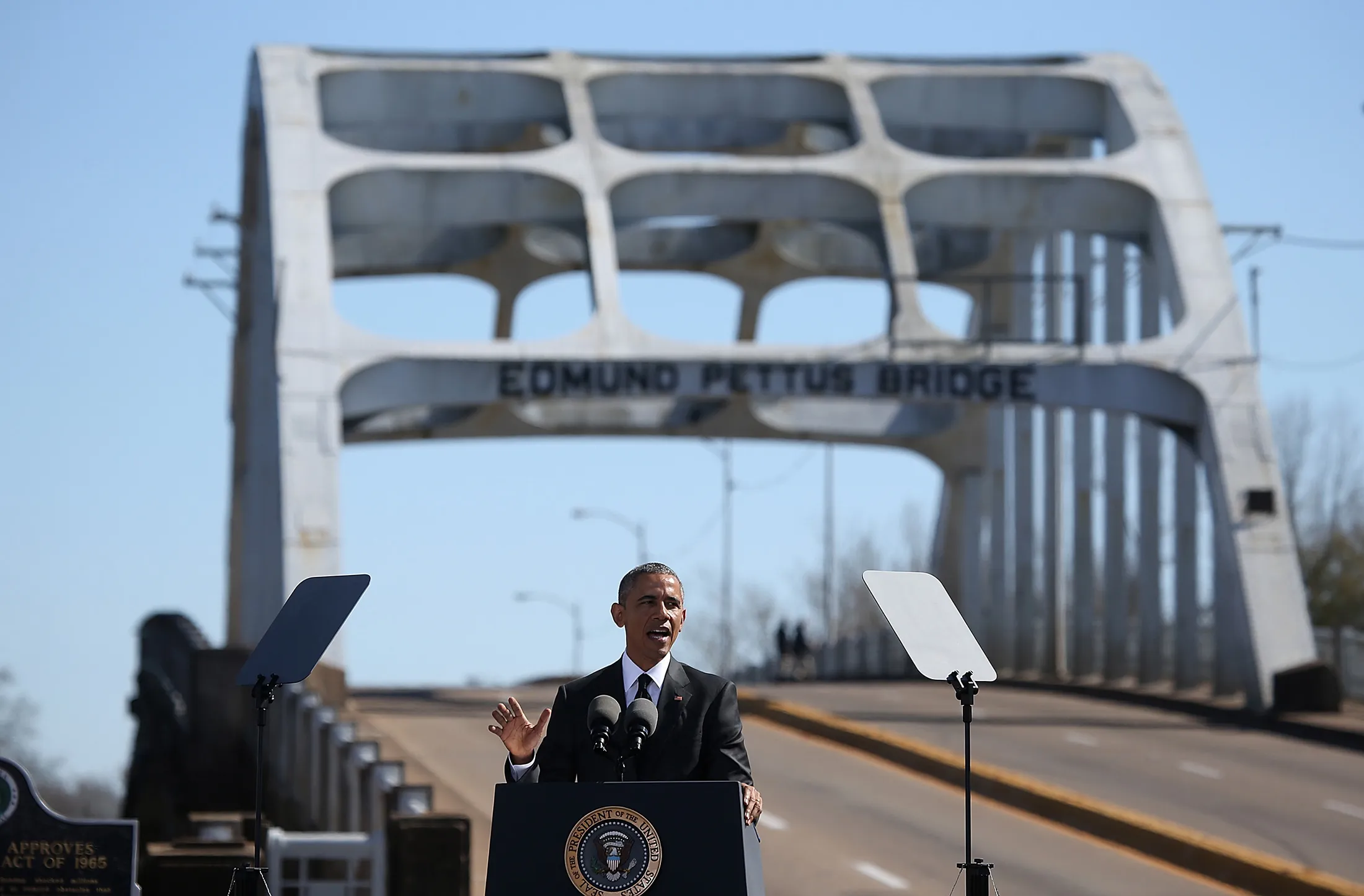 U.S. president Barack Obama speaks in front of the Edmund Pettus Bridge on March 7, in Selma, Alabama.
