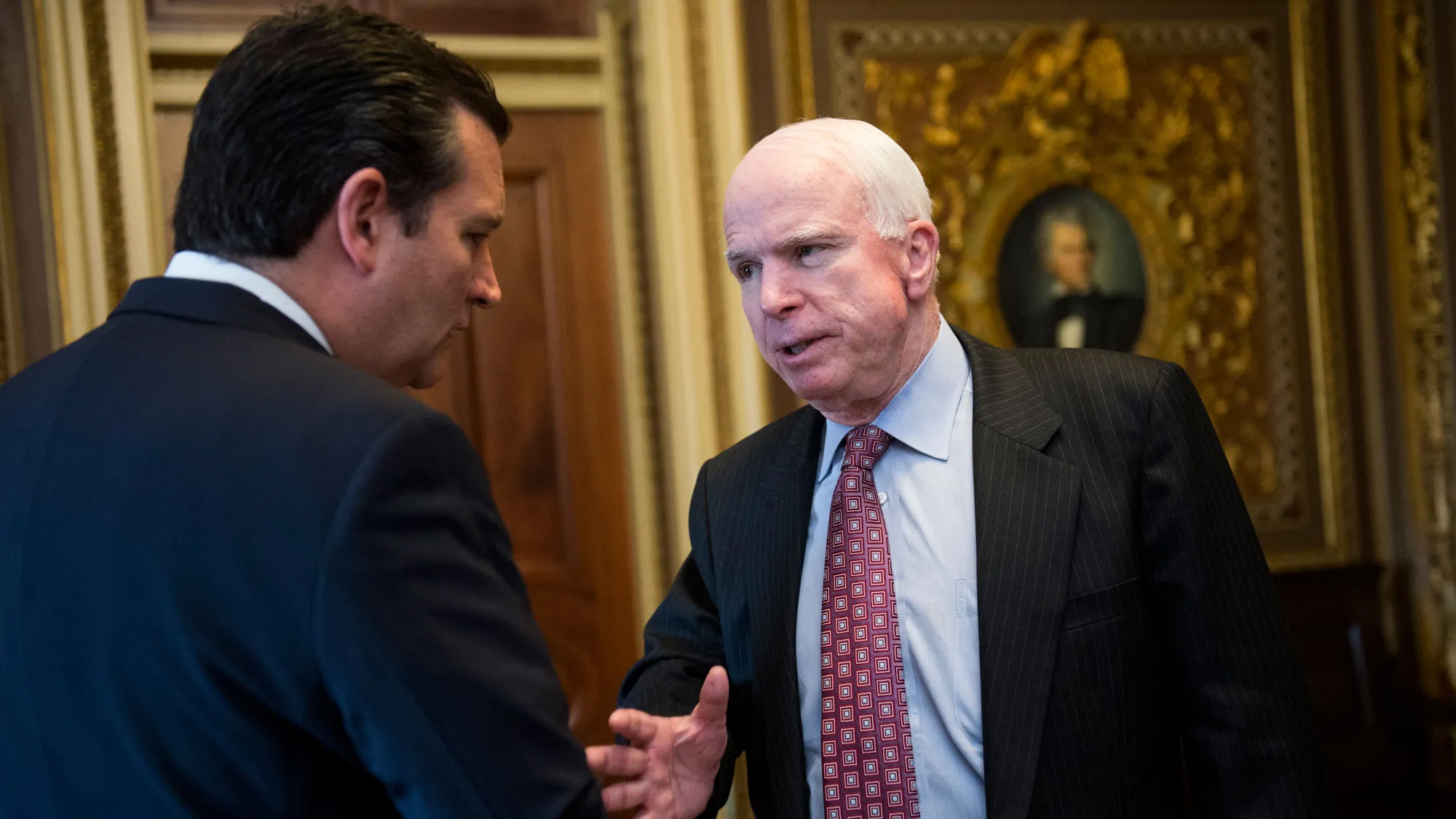 Sen. Ted Cruz, R-Texas, and Sen. John McCain, R-Ariz., talk as they leave the Senate Republicans' policy lunch on Tuesday, April 1, 2014.
