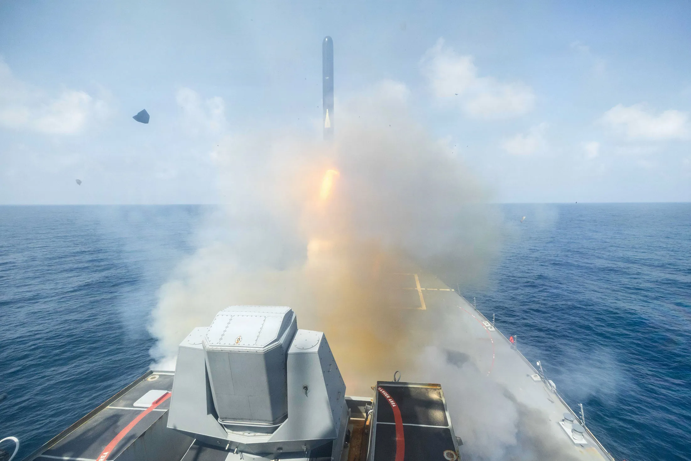 The USS Spruance fires a Tomahawk missile in support of Operation Epic Fury.