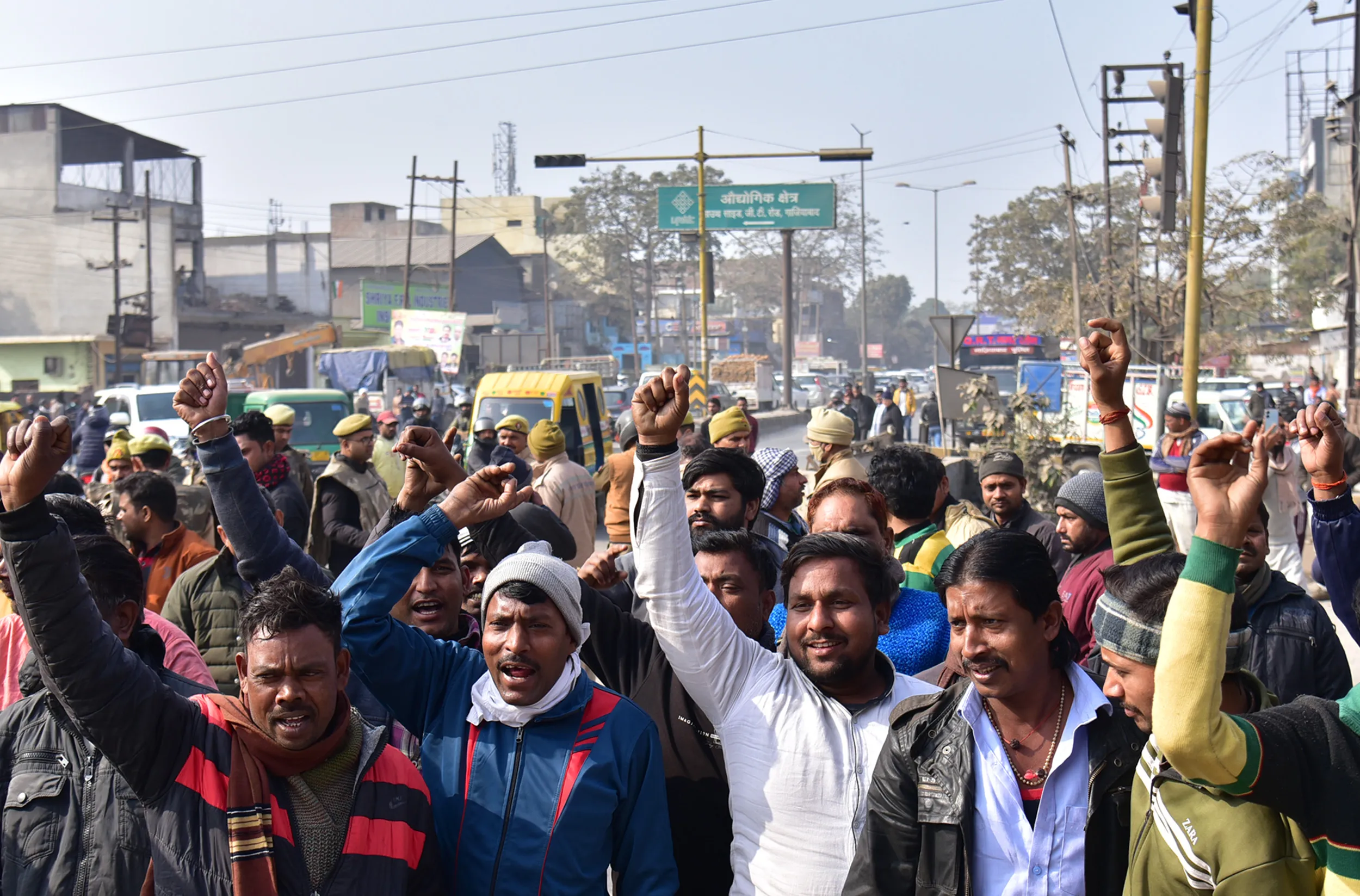 Truck drivers protesting against hit and run law in Ghaziabad on Jan. 2.