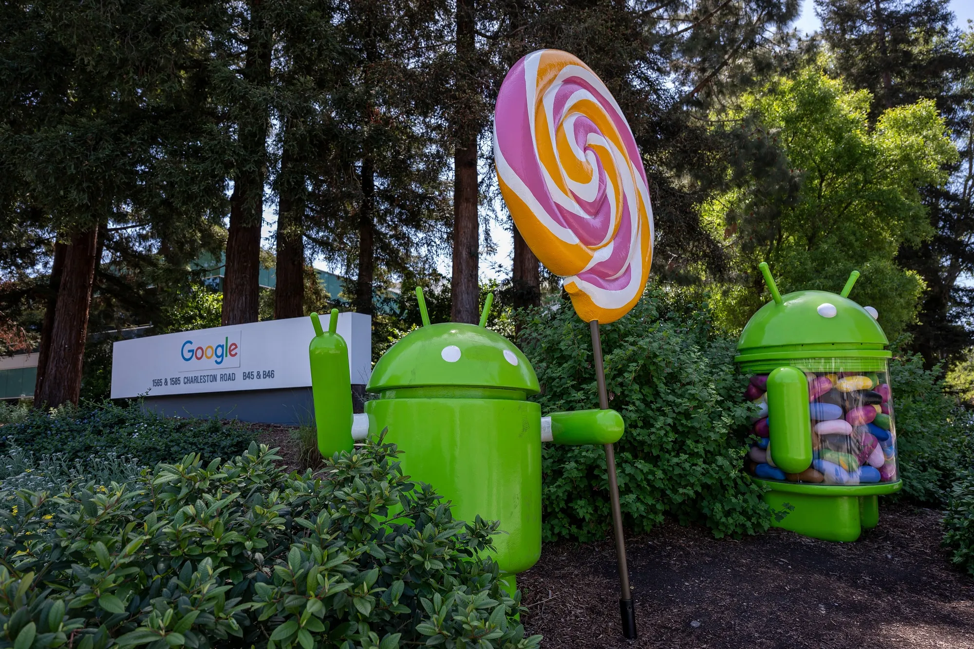 Android figures at the Google headquarters in Mountain View, California on Wednesday, April 23, 2025.
