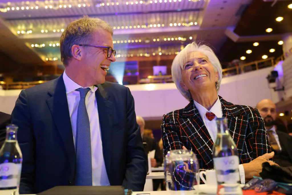 Christian Sewing, chief executive officer of Deutsche Bank AG, left, and Christine Lagarde, president of the European Central Bank (ECB), at the Frankfurt European Banking Congress on Nov. 22, 2024.