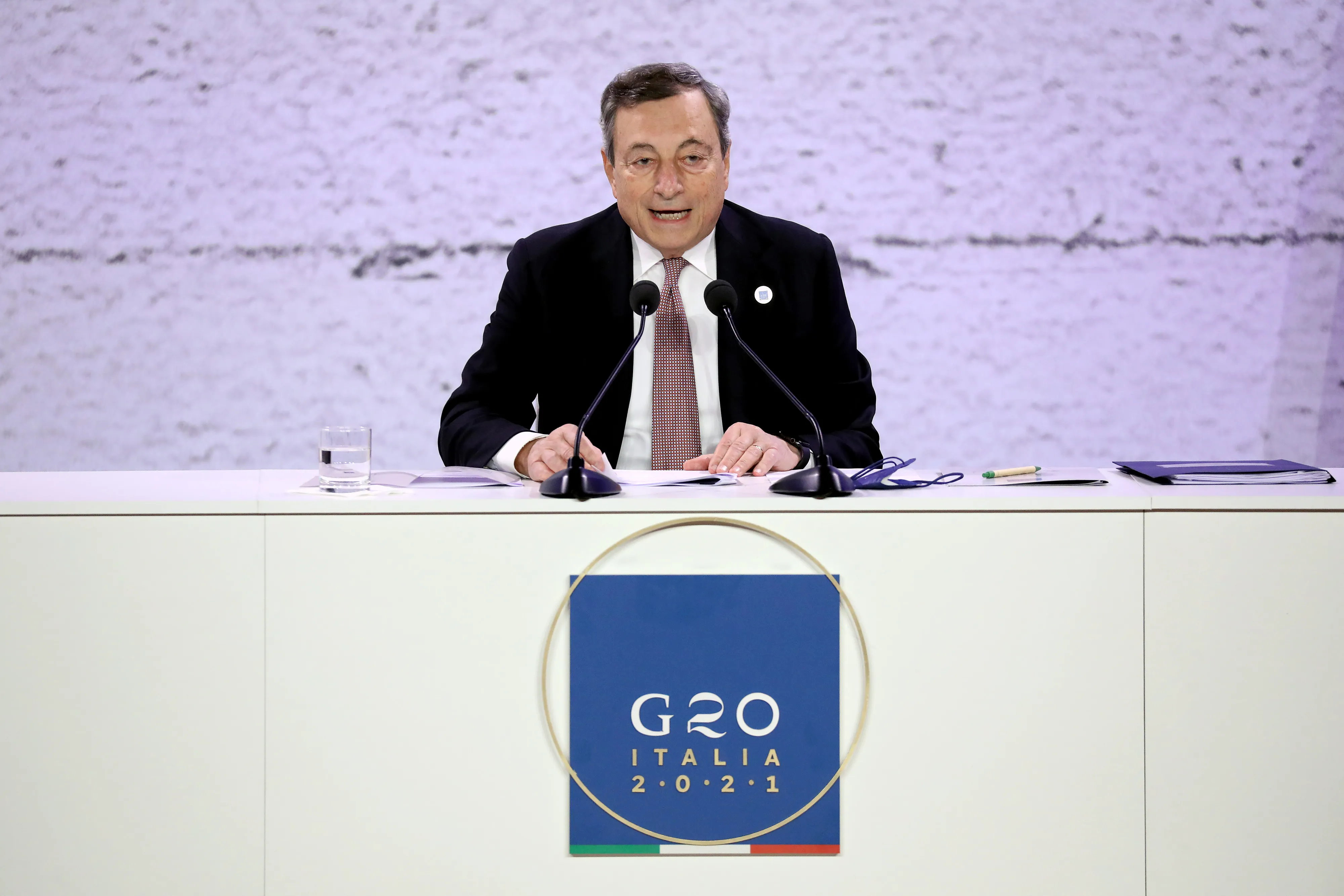 Mario Draghi speaks during a news conference at the G-20 summit in Rome, Italy, on Oct. 31.