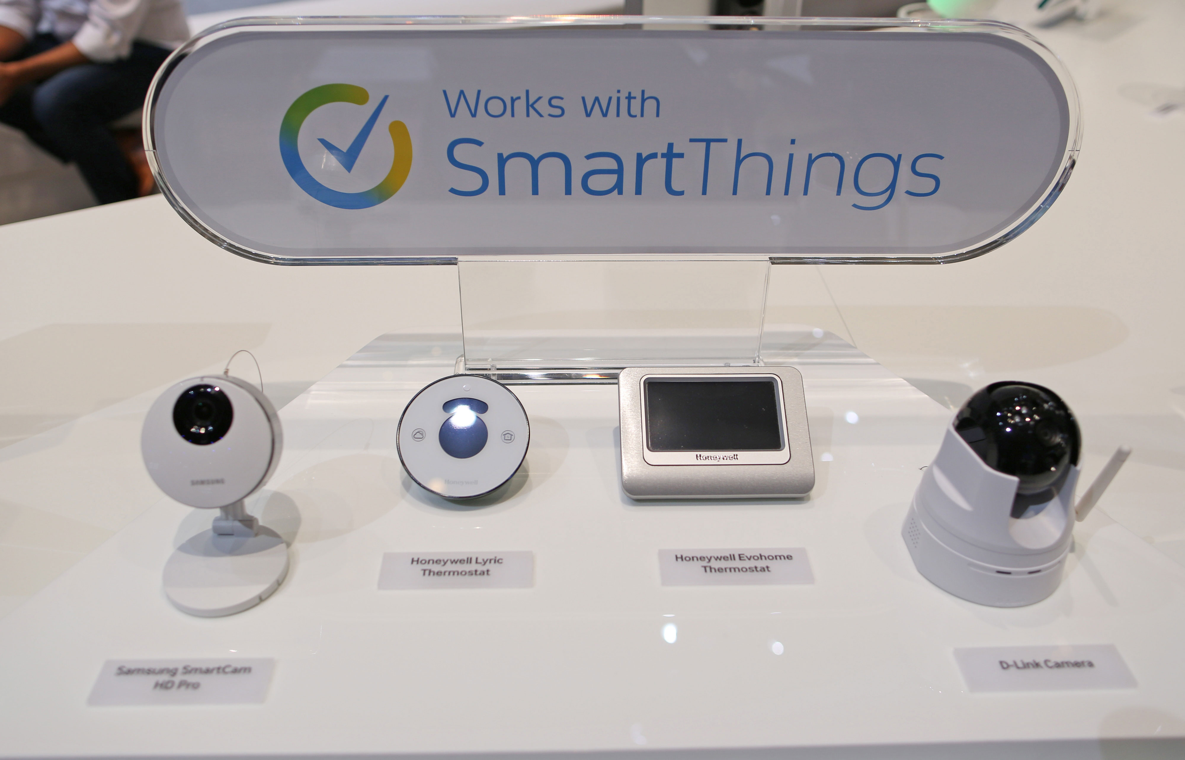 Samsung Smart Things devices on display at the company's stand during previews for the IFA International Consumer Electronics Show in Berlin.
