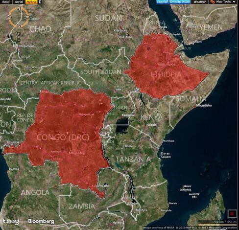 MAP: Democratic Republic of Congo and Ethiopia, markets where Equity Group is targeting growth.
