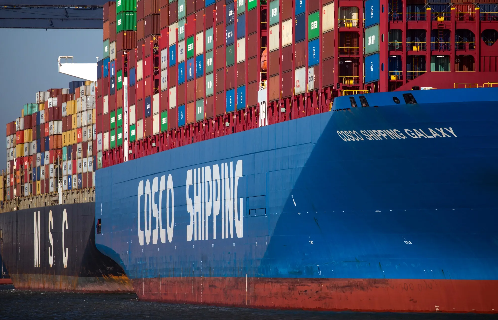A Cosco ship docked in Felixstowe port in the U.K. in January.